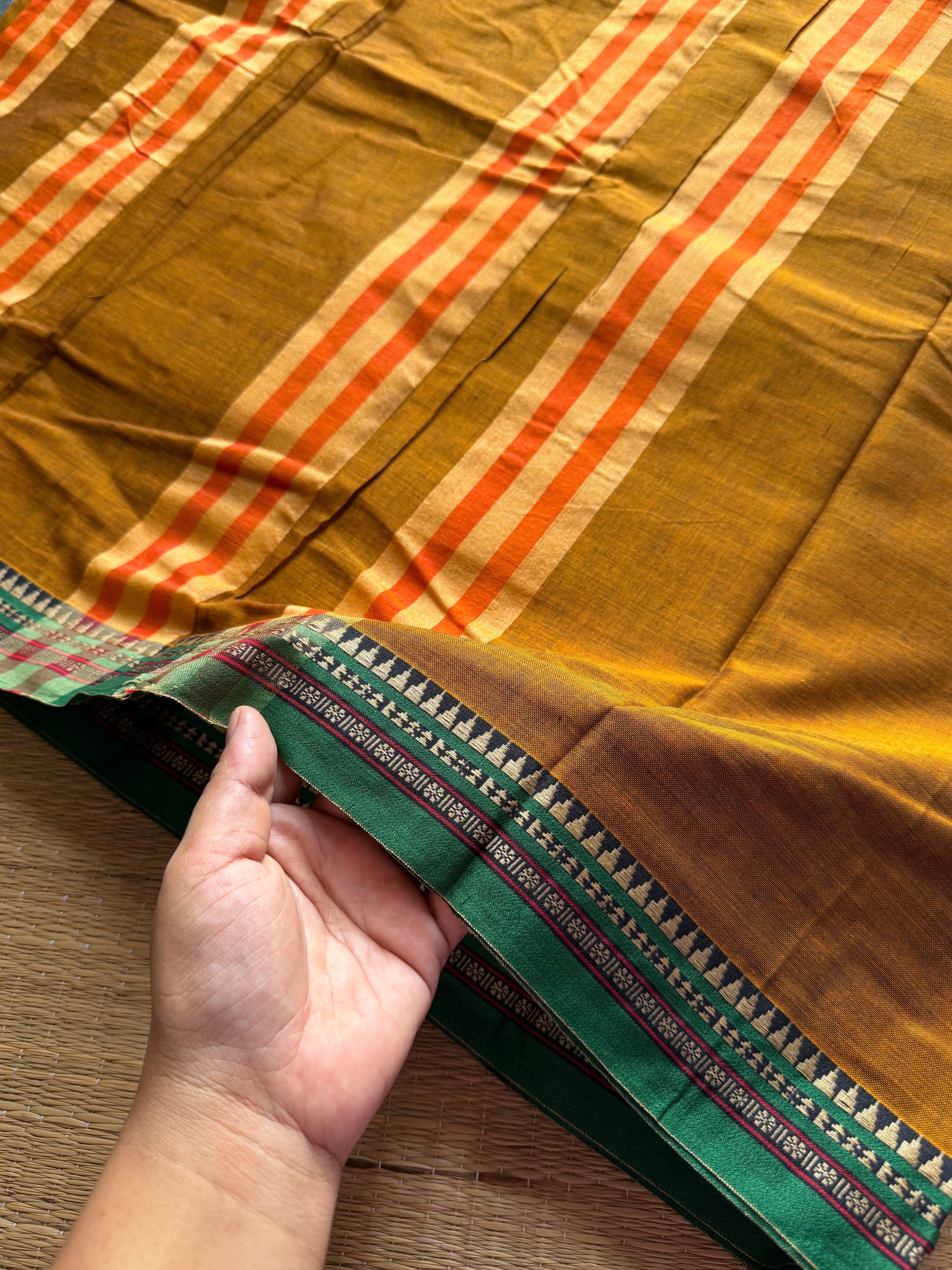 RF454 Dual tone honey shade Mercerised Narayanpet cotton saree with contrast small thread border