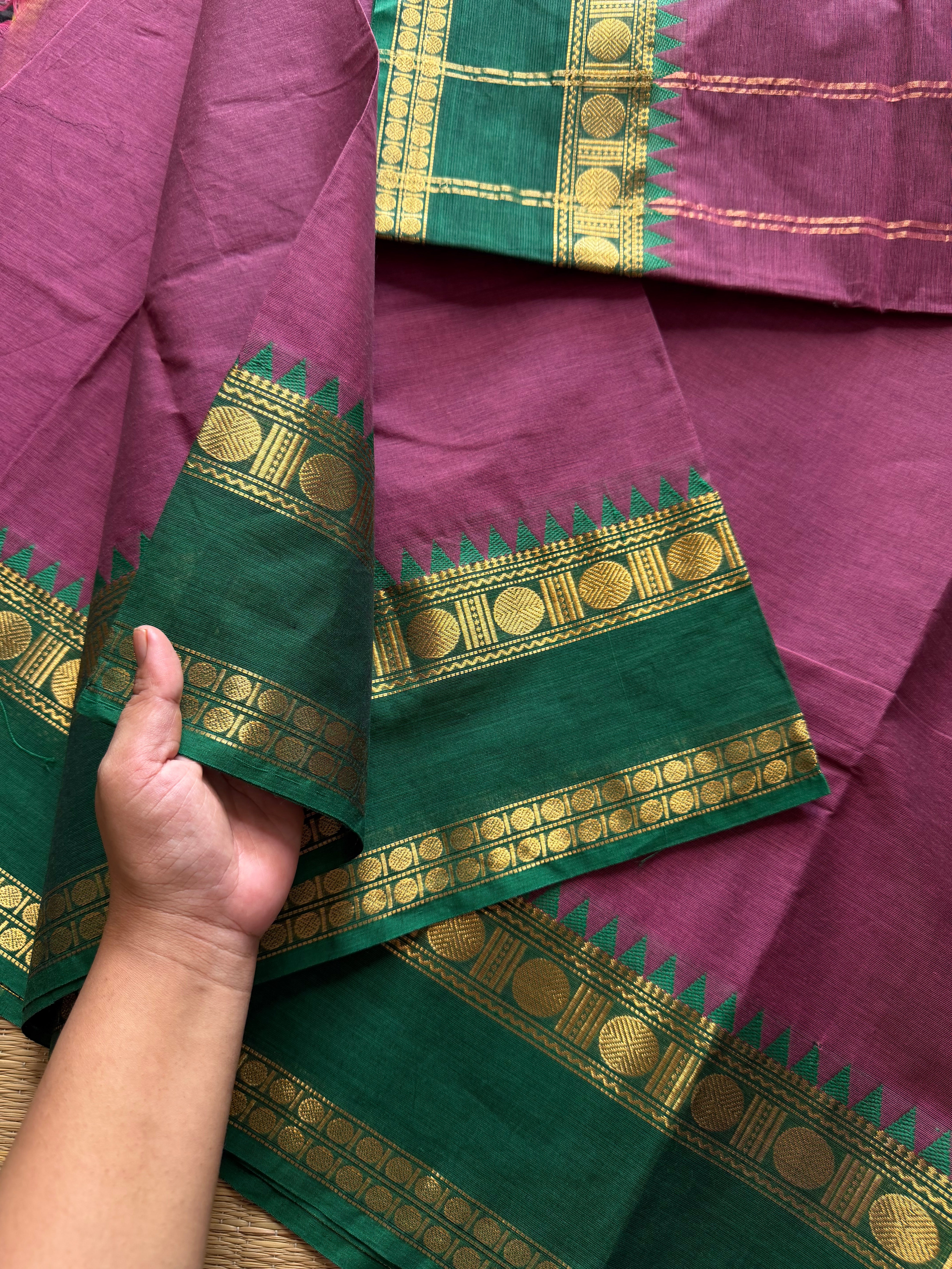 RF435 Grape shade with contrast green combination Kanchi cotton saree