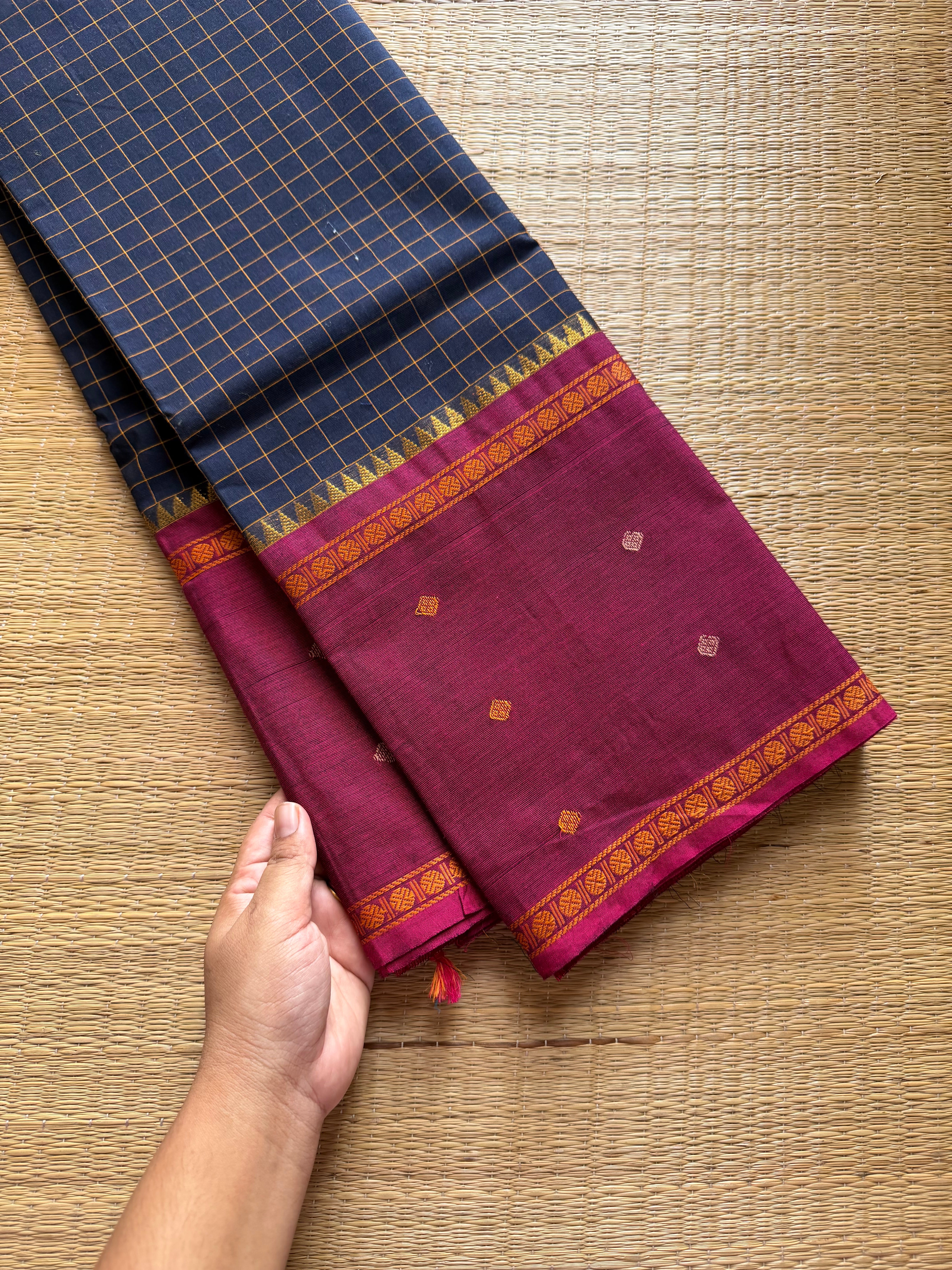 Navy blue shade Vintage Border Kanchi Cotton Saree With kattam / checks pattern & handwoven Buttas on the border