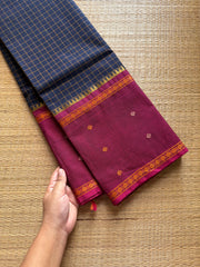 Navy blue shade Vintage Border Kanchi Cotton Saree With kattam / checks pattern & handwoven Buttas on the border