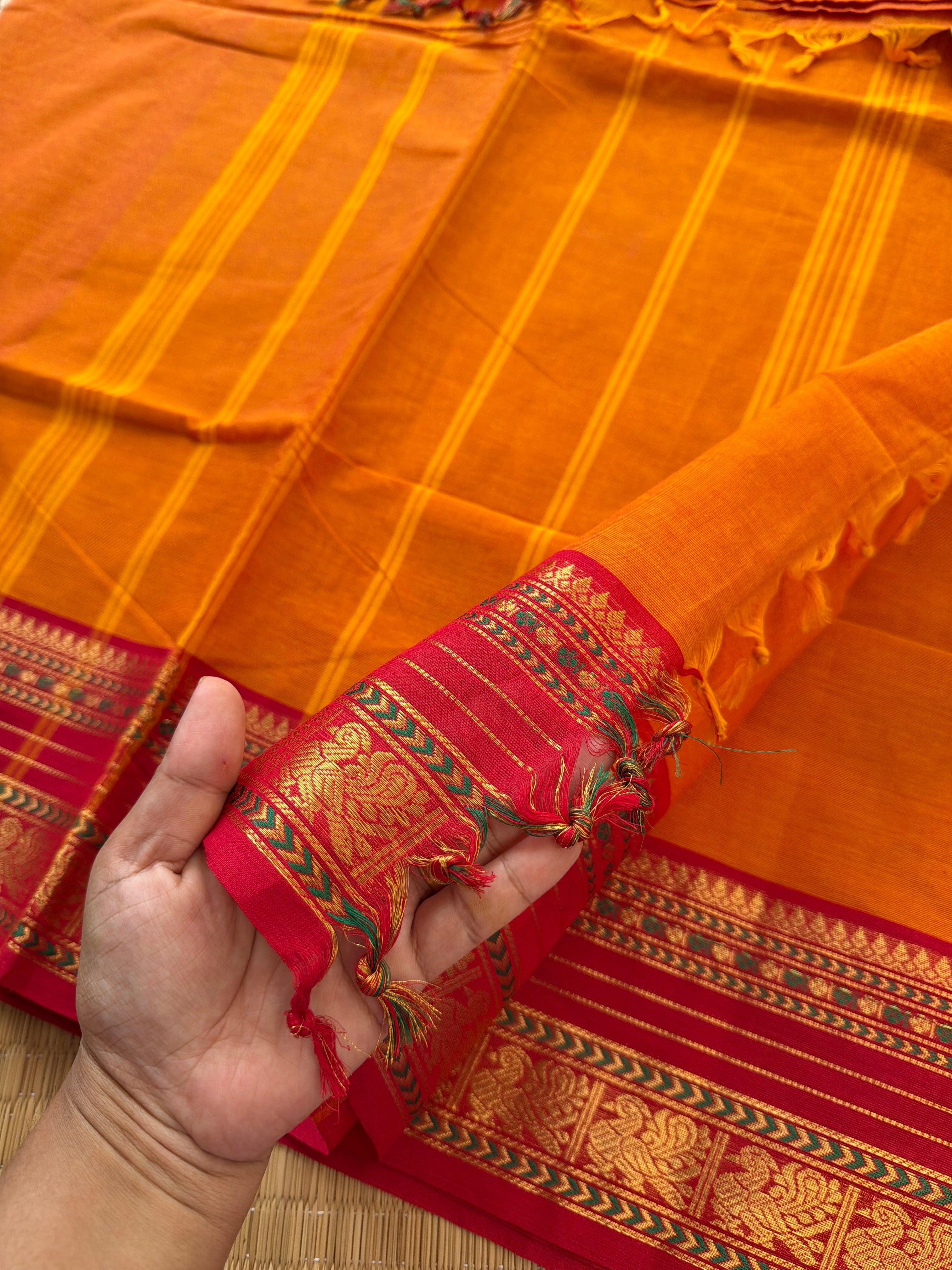 RF173 Orange with green combination Kanchi cotton saree