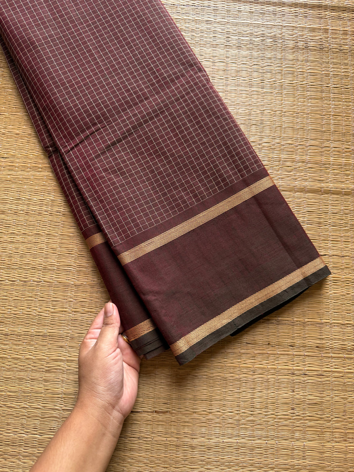 RF654 Dual tone brown shade thread border Kanchi cotton saree
