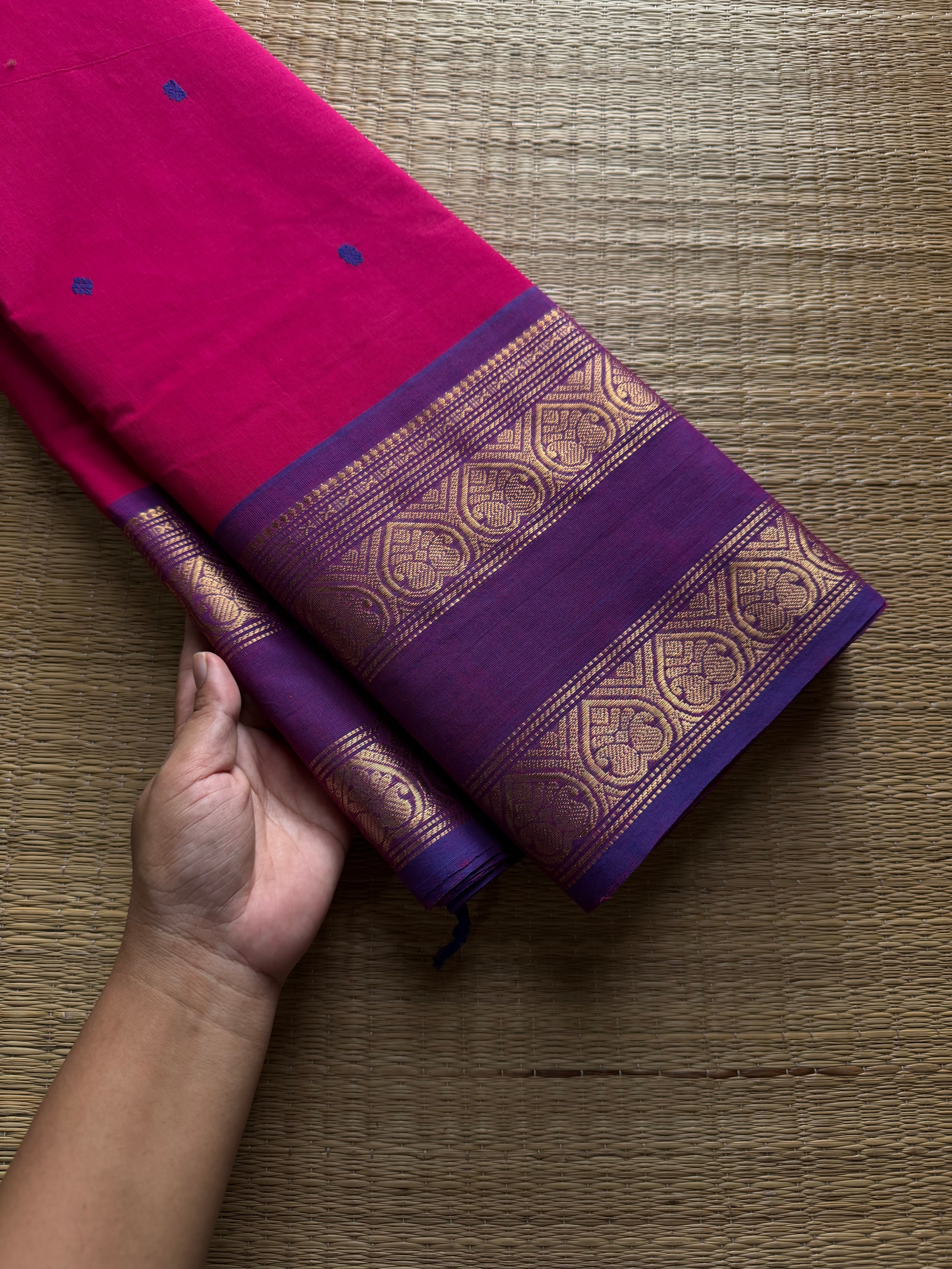 Magenta pink shade Kanchi cotton saree with handmade thread buttas