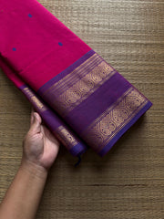 Magenta pink shade Kanchi cotton saree with handmade thread buttas