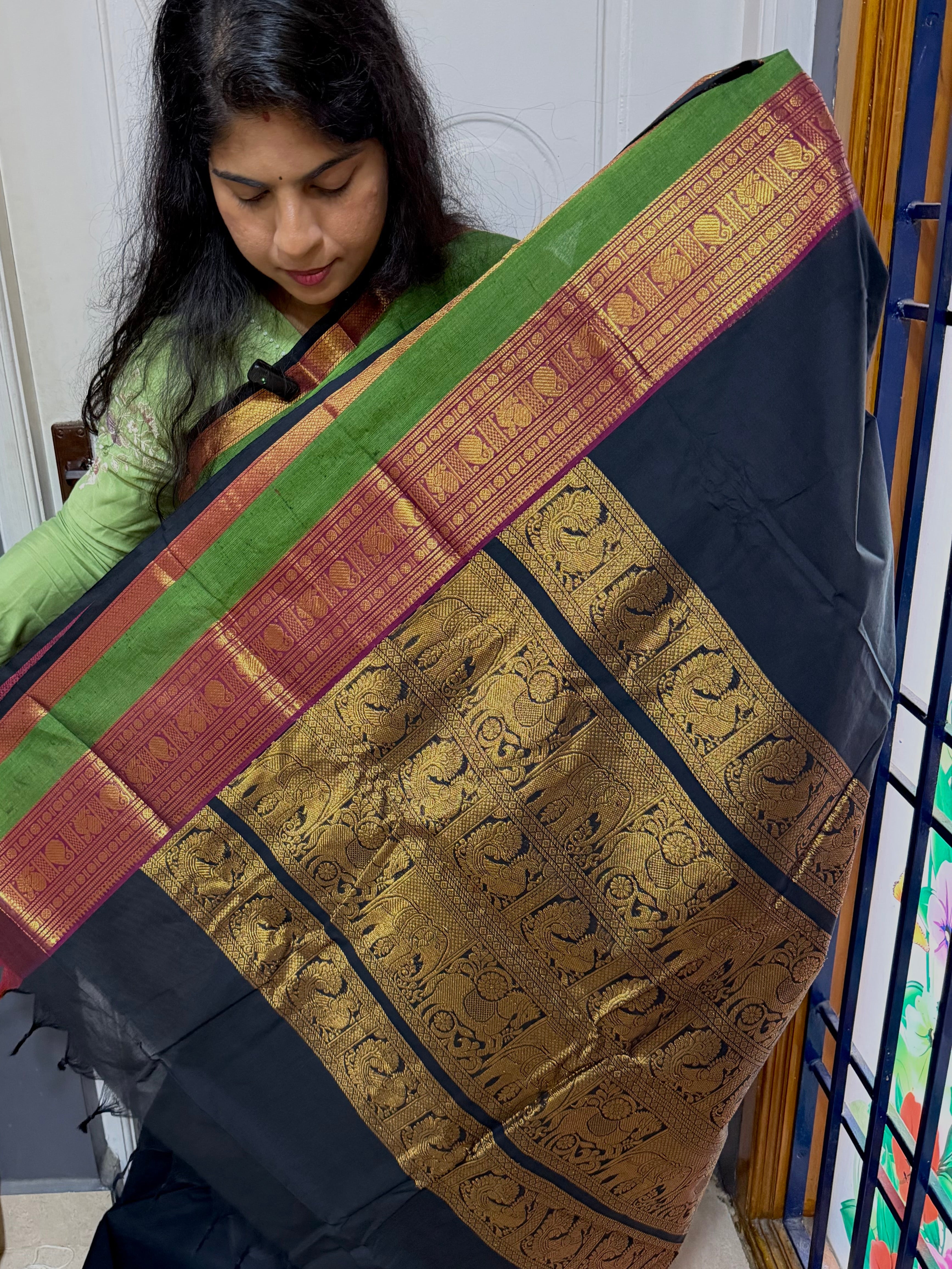 RF1237 Premium Rich Pallu Kanchi Cotton Saree ~ Black