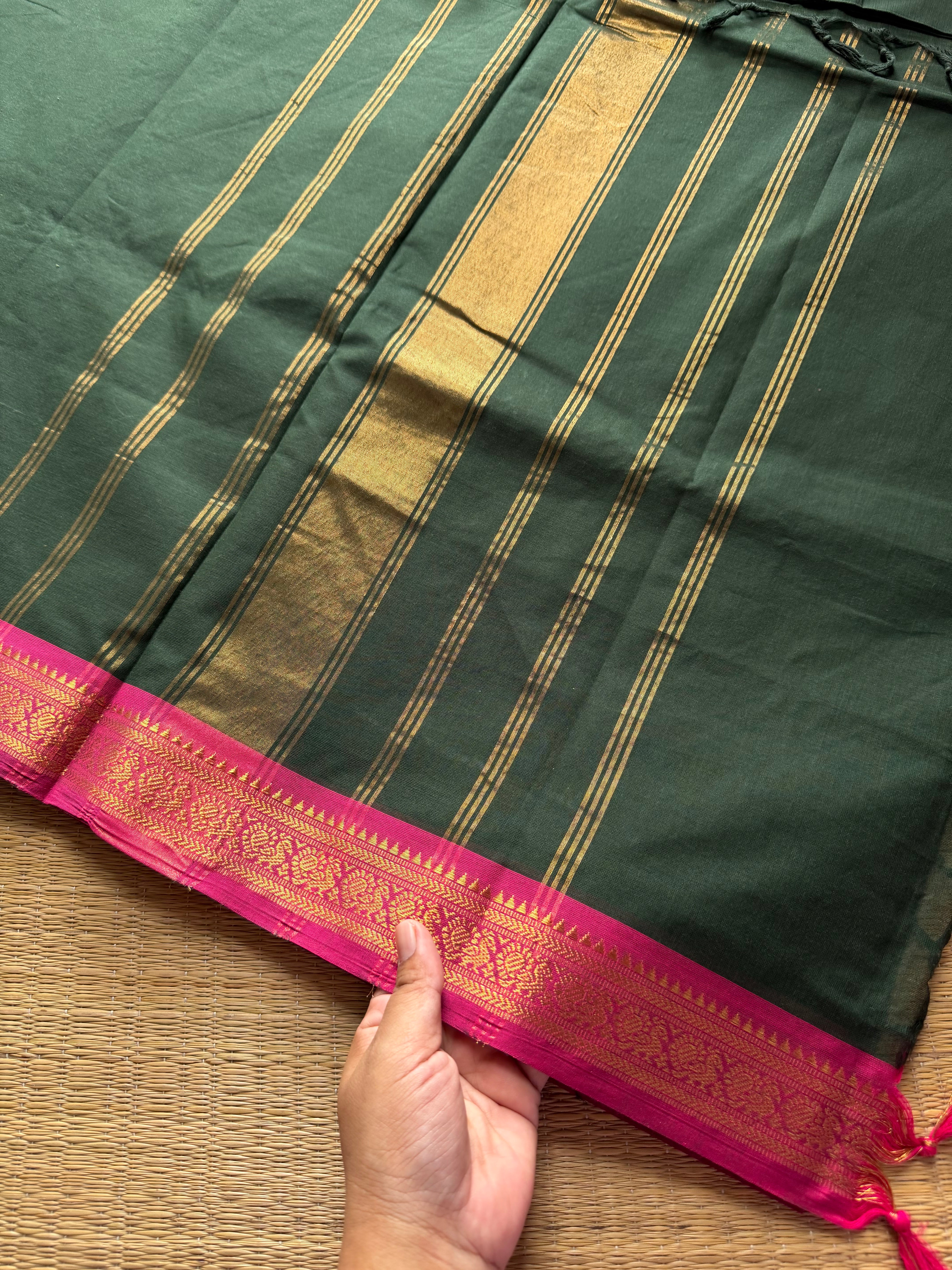 RF393 Bottle green shade with pink combination small border Kanchi cotton saree
