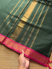 RF393 Bottle green shade with pink combination small border Kanchi cotton saree