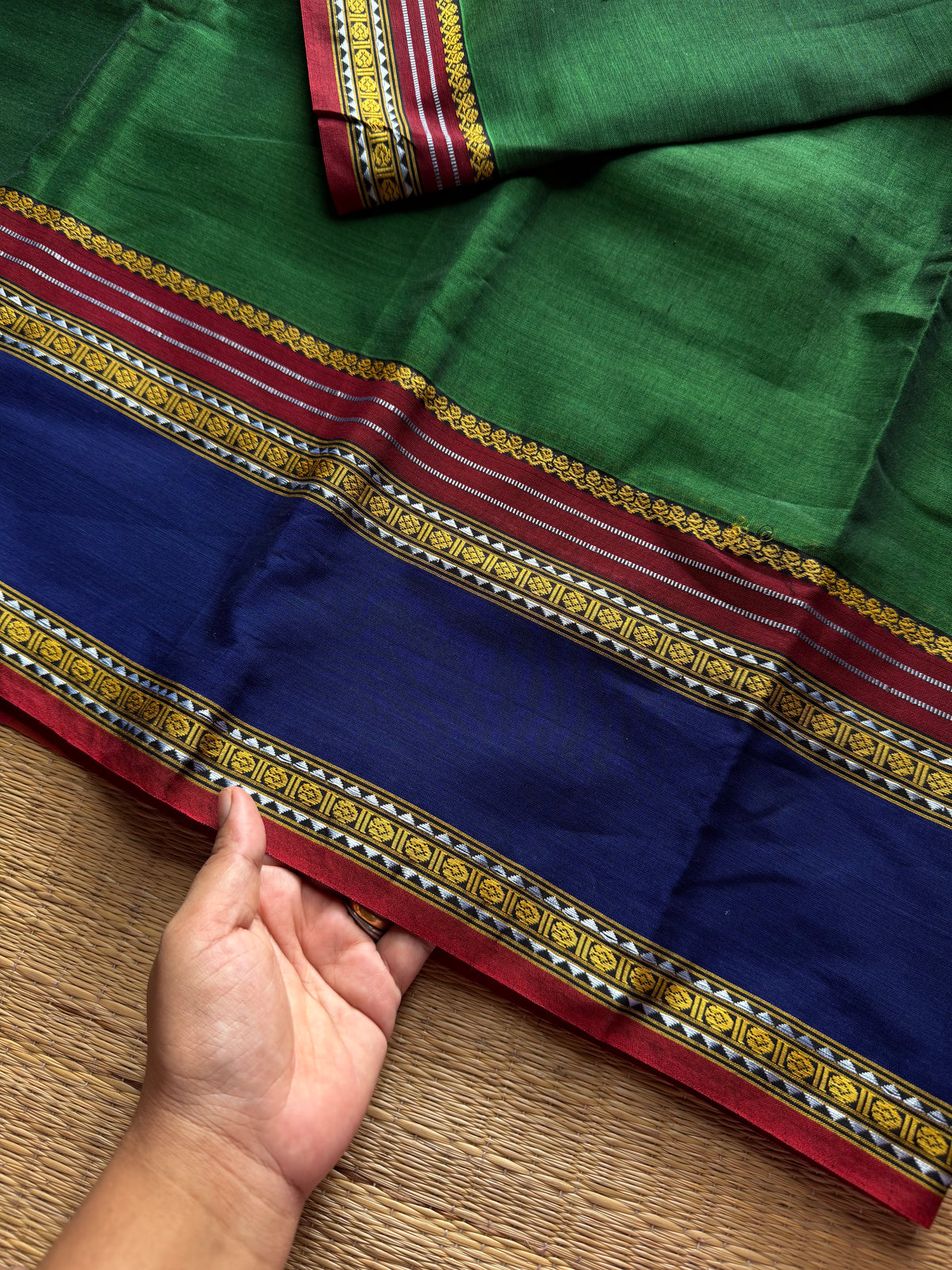 RF1310 Green Mercerised soft Narayanpet cotton saree with vintage gap border