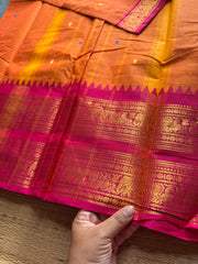 Orange with pink combination Kanchi cotton saree with Retta pet border and handmade thread buttas