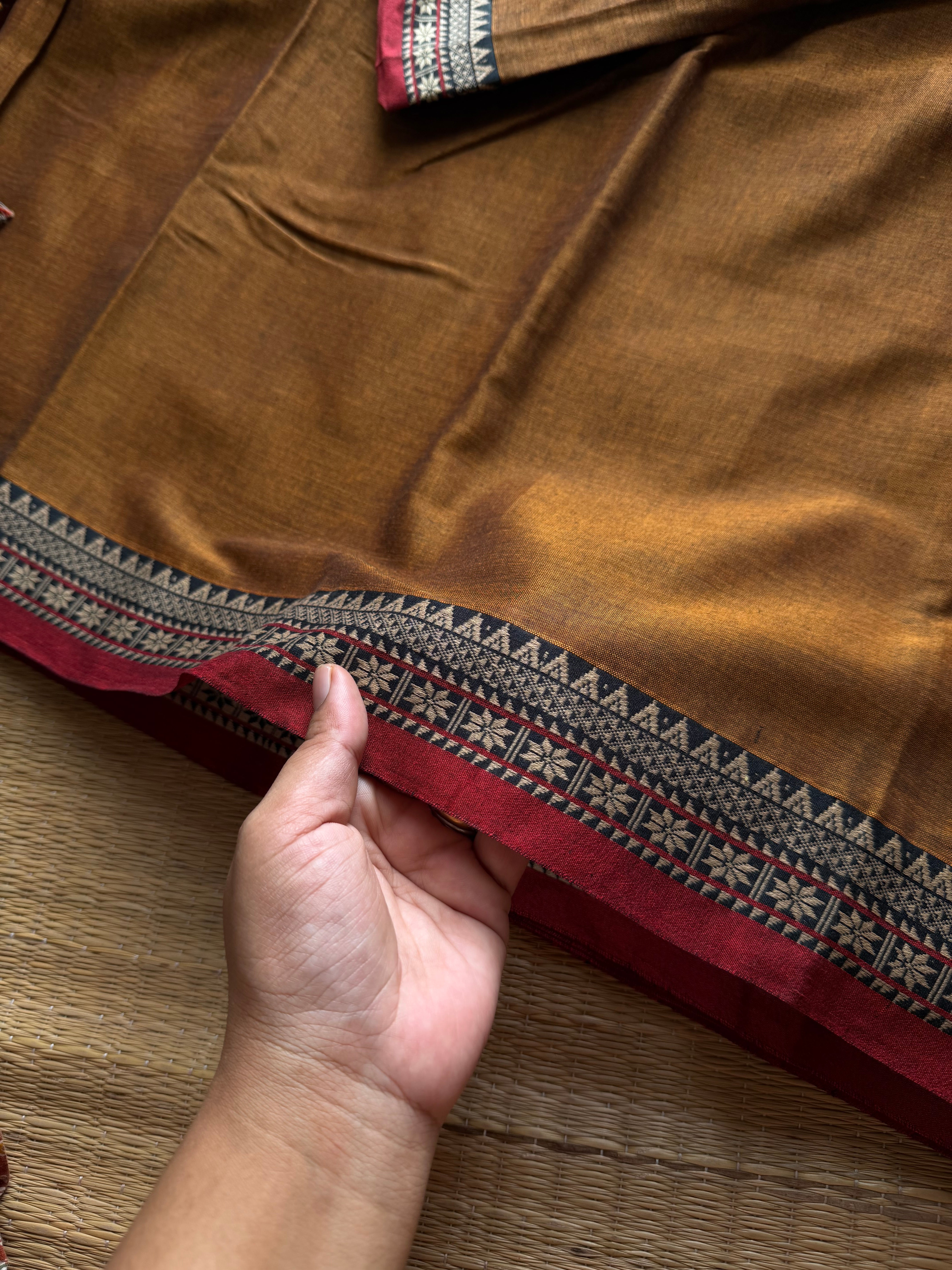RF1032 Honey shade ~ Mercerised Narayanpet Cotton Saree with small contrast thread border