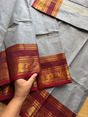 RF565 Grey with contrast maroon combination floral pattern border Kanchi cotton saree with handmade thread buttas
