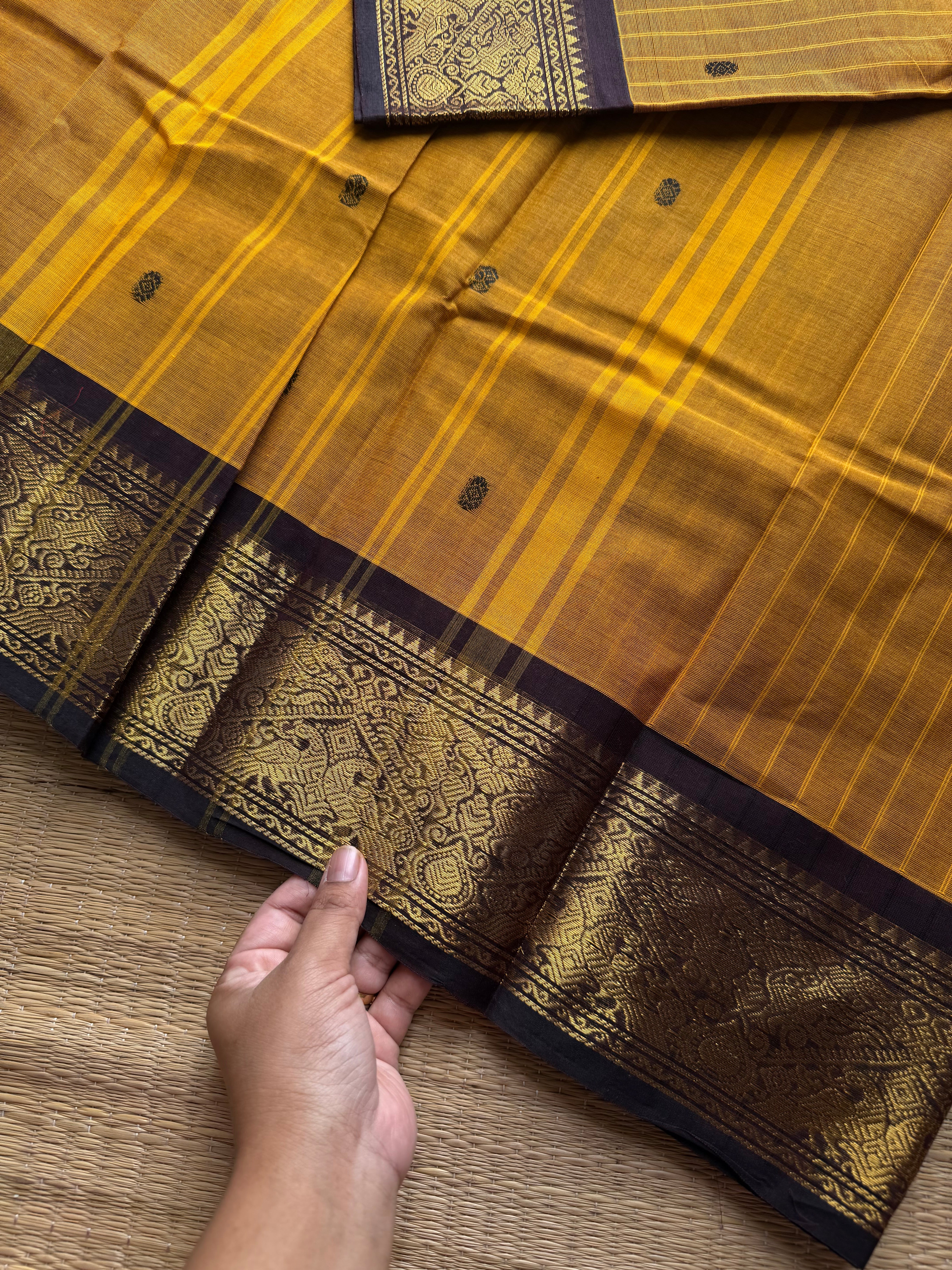RF1041 Mustard with brown ~ Premium Vanasingaram border Kanchi cotton saree with handmade thread Buttas