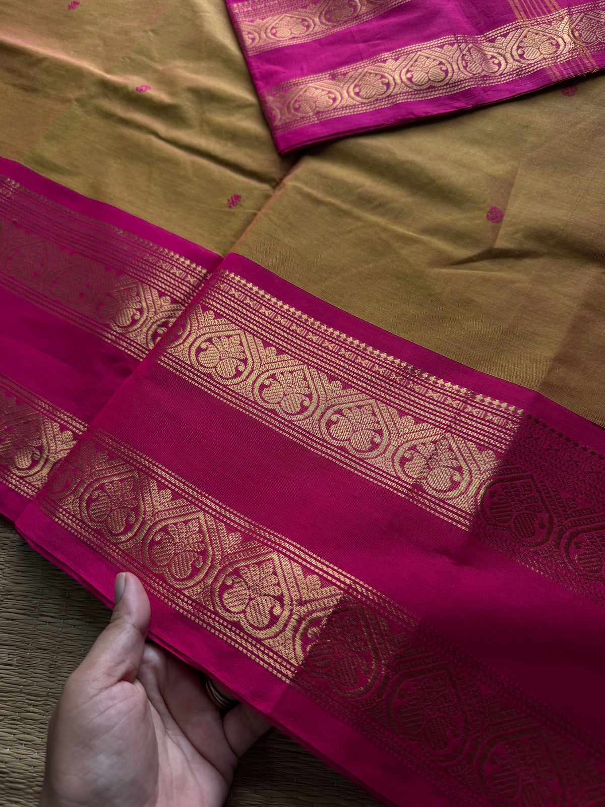 RF865 Dual tone yellow shade Kanchi cotton saree with handmade thread buttas