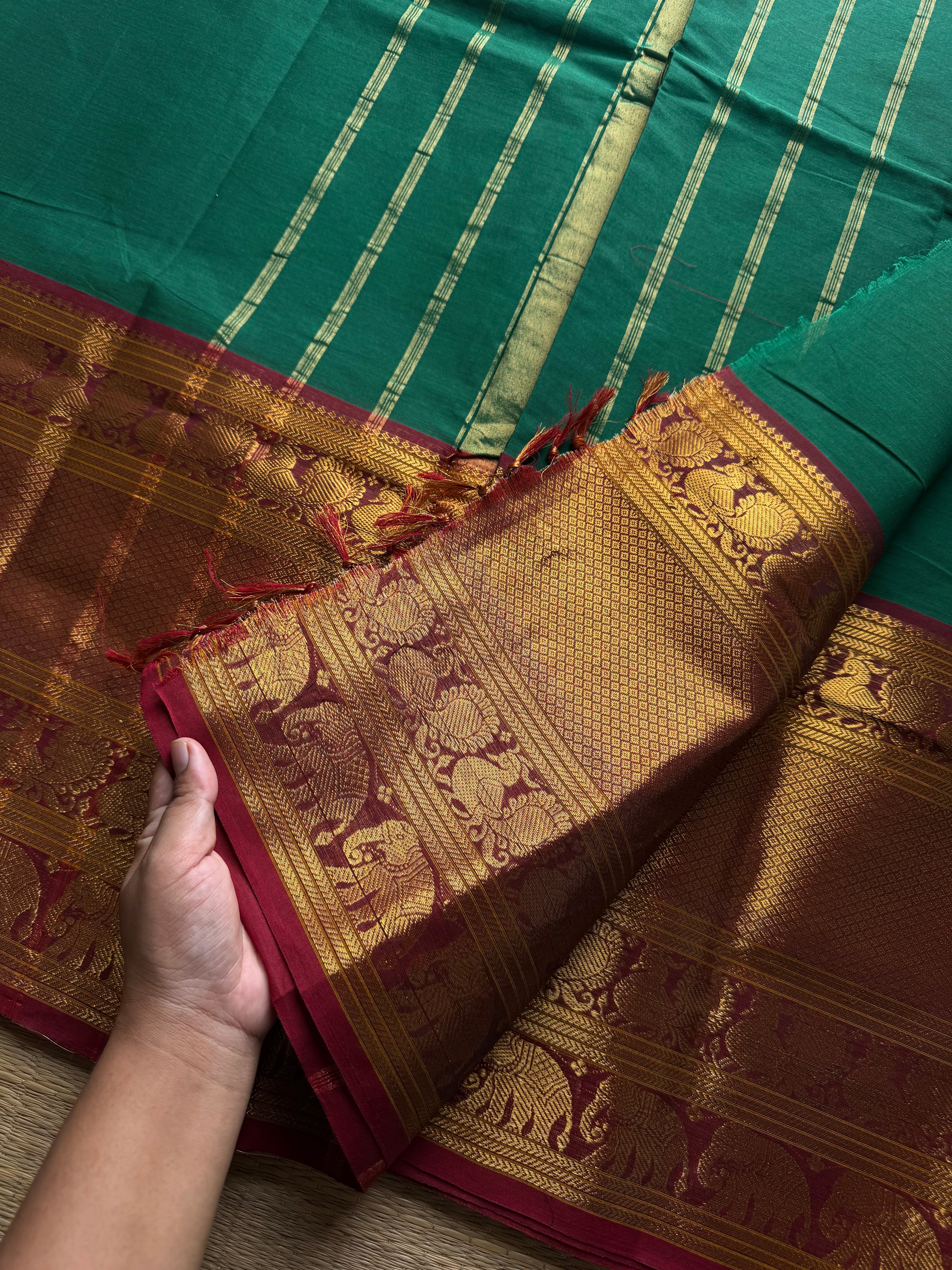 RF1192 Green with maroon ~ Long / Big border Kanchi cotton saree
