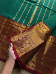 RF1192 Green with maroon ~ Long / Big border Kanchi cotton saree