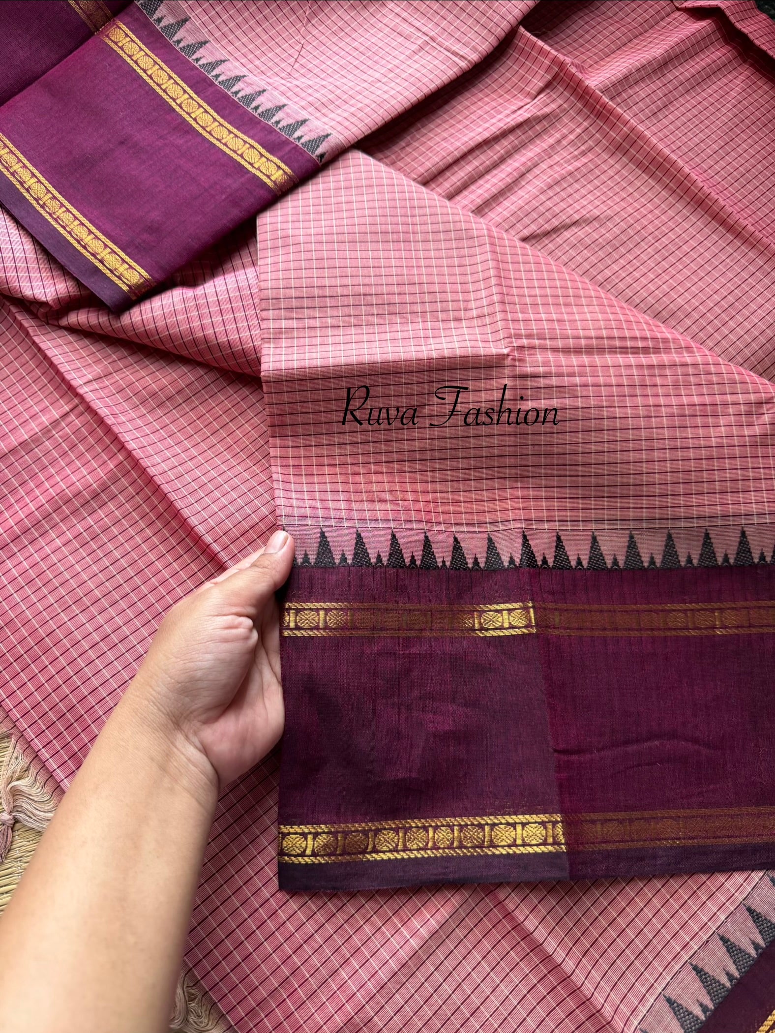 RF57 Dual tone Onion pink shade with contrast dark purple vintage border Podi Kattam Kanchi cotton saree