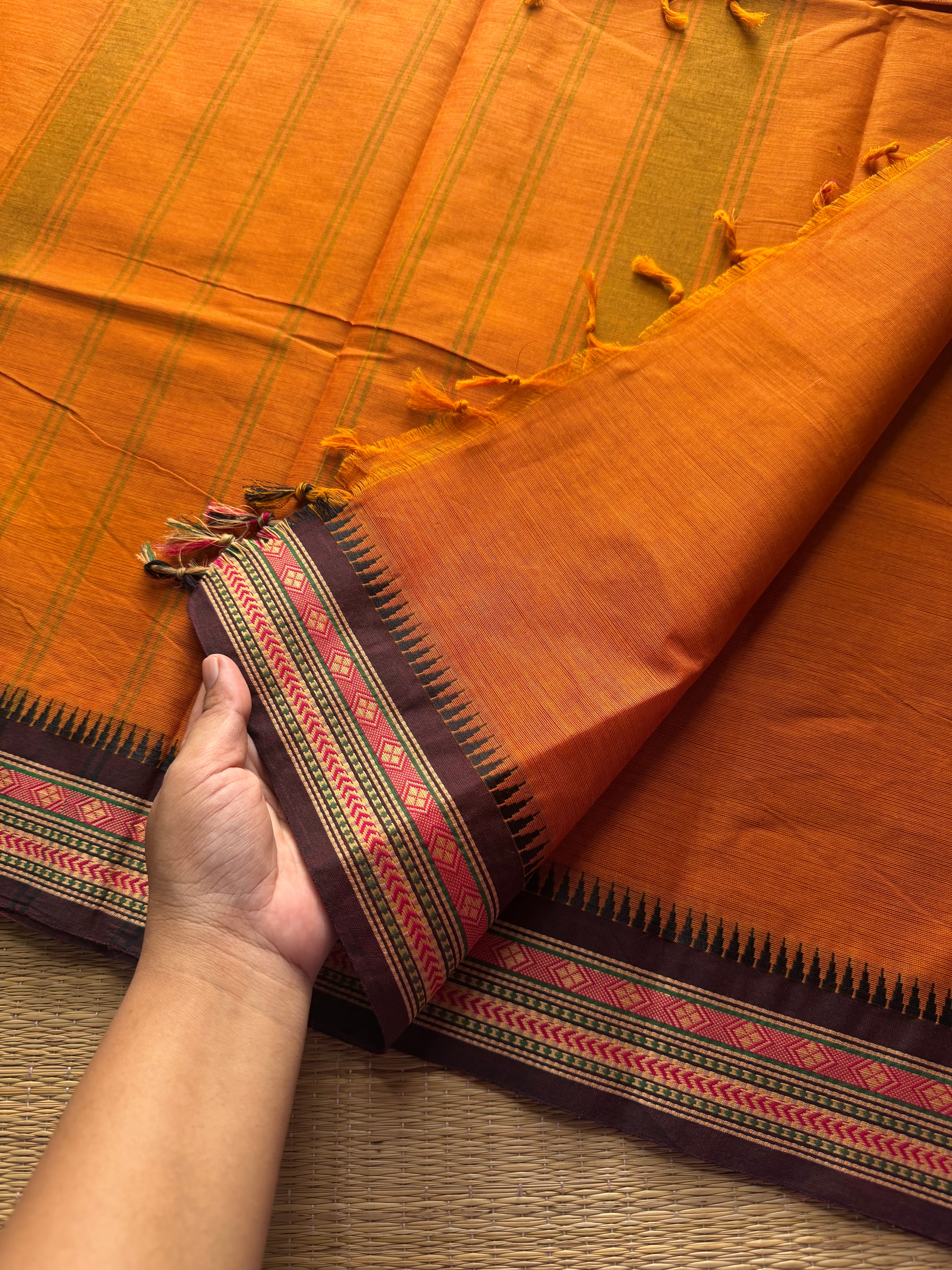 RF394 Orange shade thread border soft Kanchi cotton saree