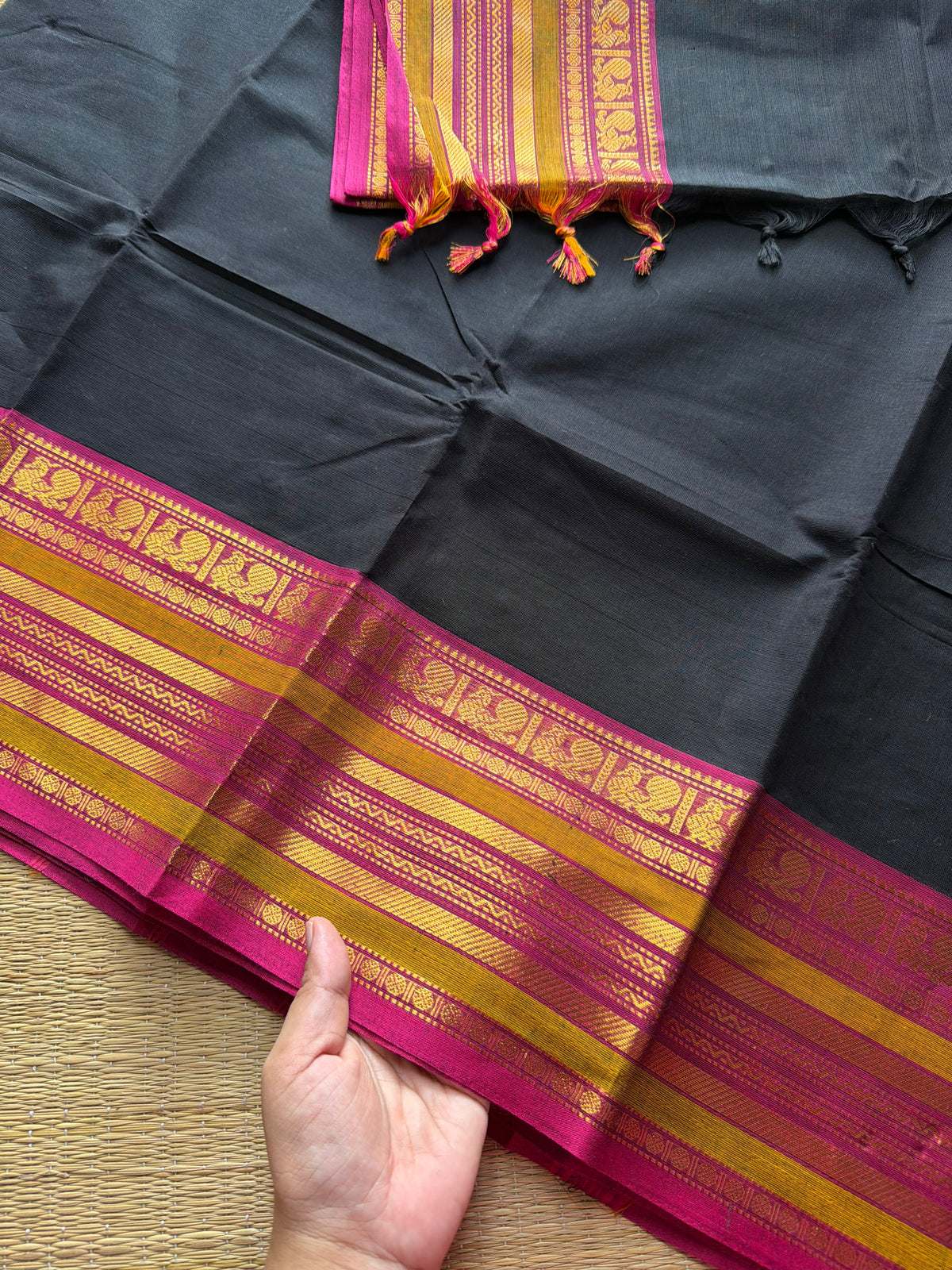 RF409 Black Kanchi cotton saree with contrast magenta pink silk saree inspired Varisaipet border