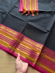 RF409 Black Kanchi cotton saree with contrast magenta pink silk saree inspired Varisaipet border