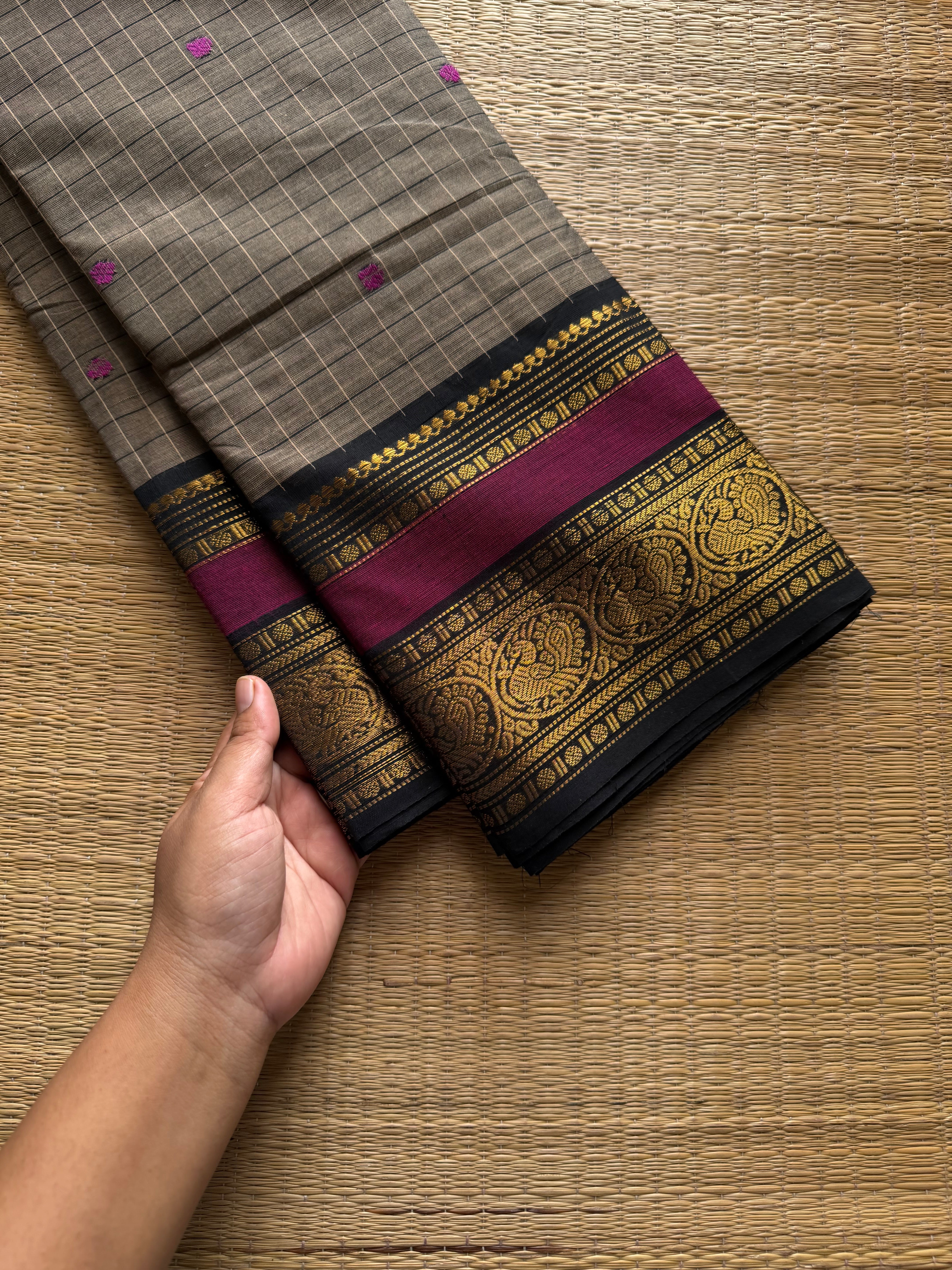 RF1221 Dual tone grey with black ~ Vintage Kattam Kanchi cotton saree with handmade thread buttas