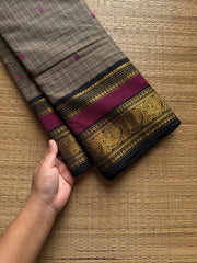 RF1221 Dual tone grey with black ~ Vintage Kattam Kanchi cotton saree with handmade thread buttas