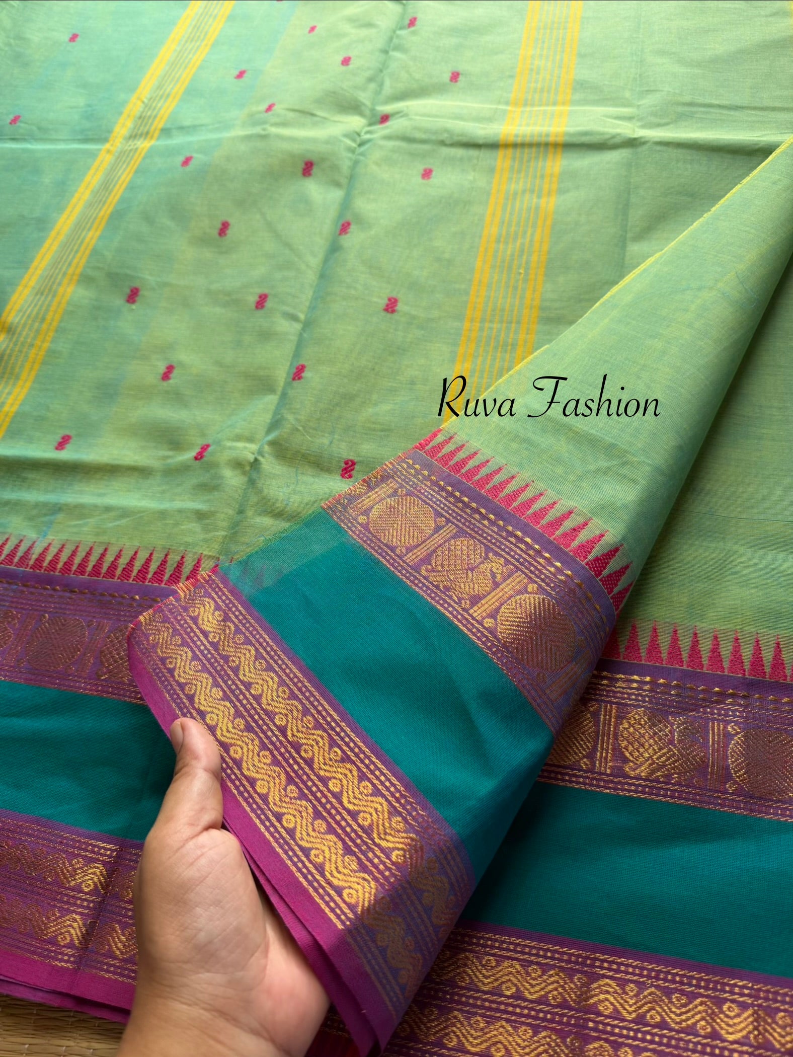Dual tone Apple Green Shade Kanchi Cotton Saree With Contrast purple shade Rettapet border with Annam pattern