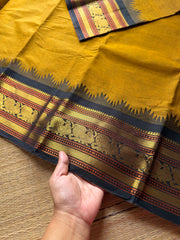 RF493 Mustard with black combination Thazhampoo pattern Kanchi cotton saree