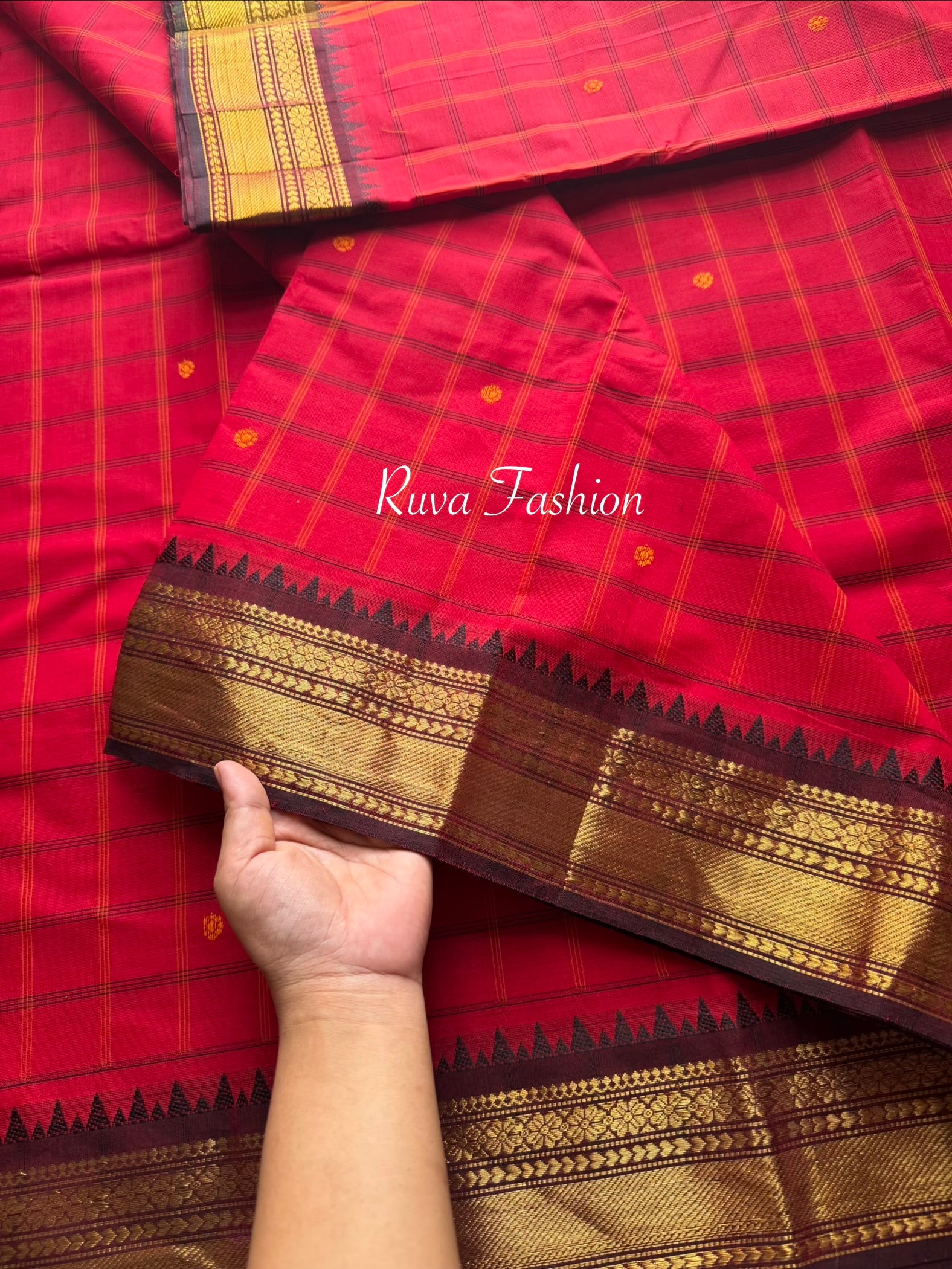 RF63 Red & Brown Combination Kanchi cotton saree with  small contrast border , checks pattern and handmade thread buttas