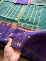 RF248 Peacock Blue shade kanchi cotton saree with Vintage Style Border kattam checks pattern & handwoven Buttas on the border