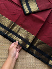 RF1150 Reddish maroon with black combination Kanchi cotton saree with medium size border