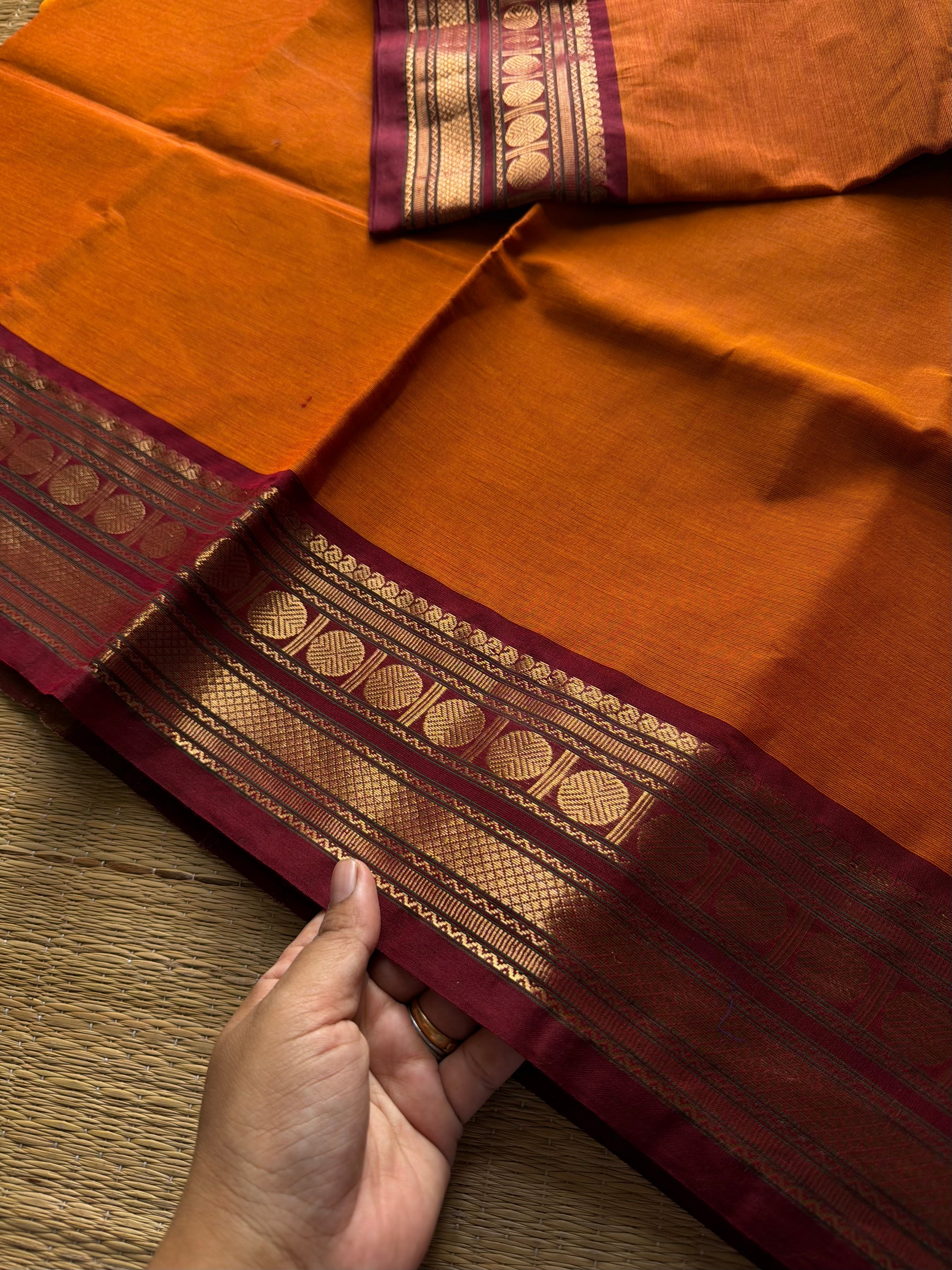 RF965 Orange shade Kanchi saree with maroon border