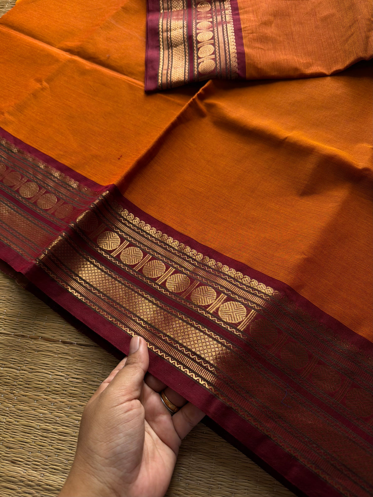 RF965 Orange shade Kanchi saree with maroon border