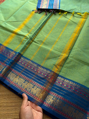 RF411 Dual tone Apple green shade Kanchi cotton saree with silk saree inspired contrast border