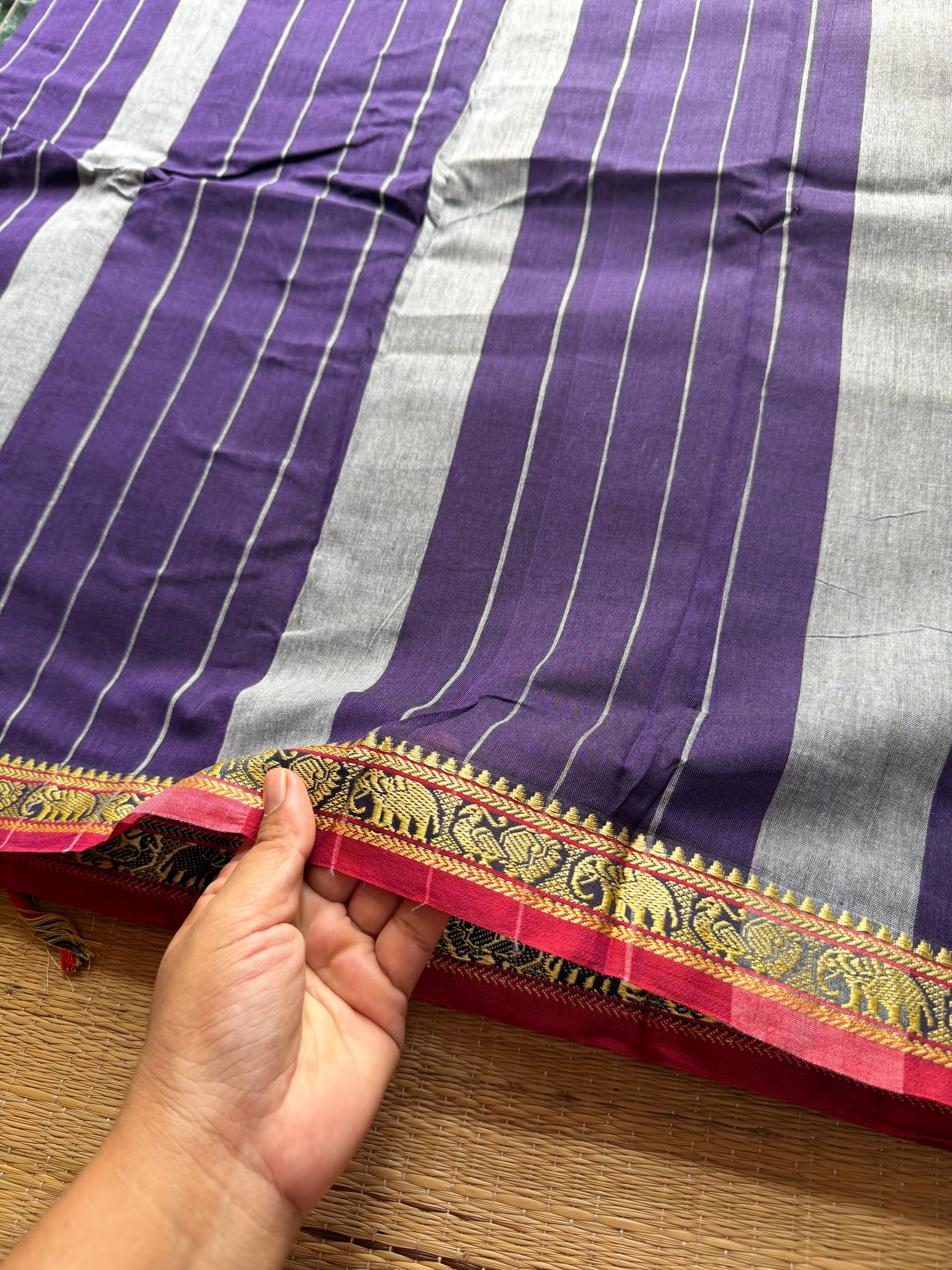 RF320 Purple Mercerised Narayanpet Cotton Saree With Small Annam and elephant pattern border