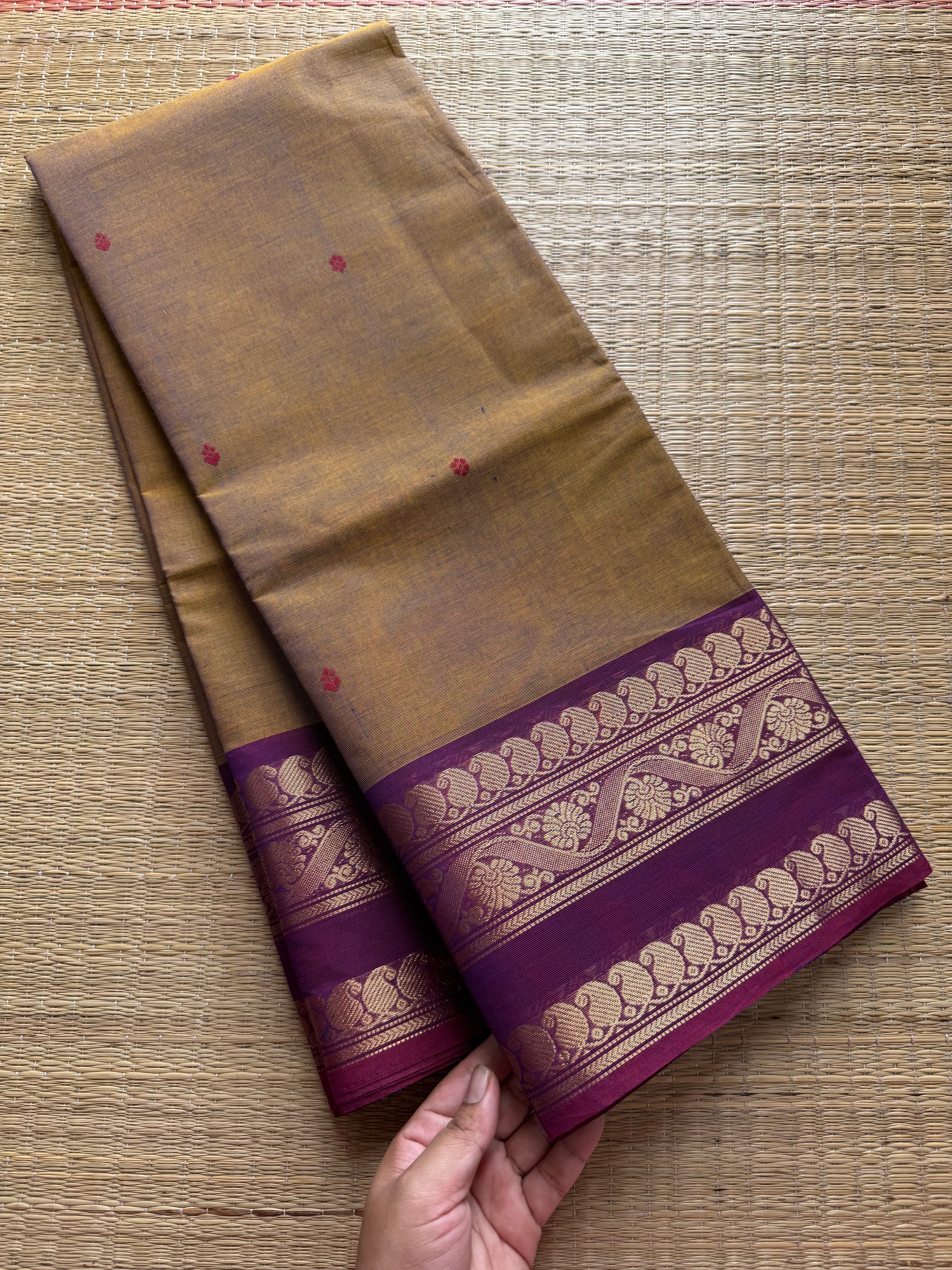 RF372 Dual tone metallic honey shade Kanchi cotton saree with contrast purple mango and floral pattern border & handmade Buttas