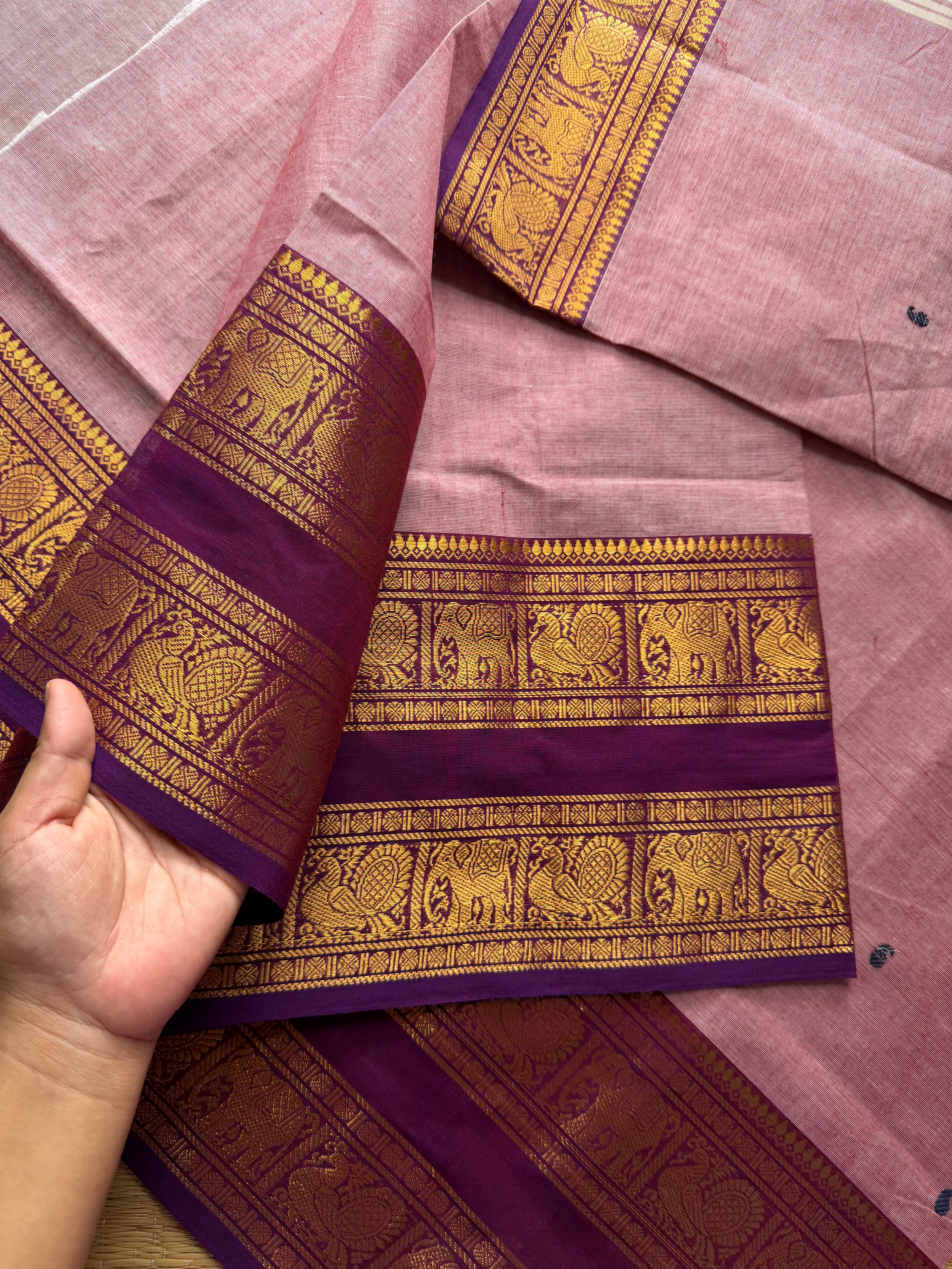 RF495 Pastel pink with purple combination Rettapet border Kanchi cotton saree with handmade thread buttas
