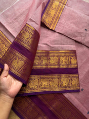 RF495 Pastel pink with purple combination Rettapet border Kanchi cotton saree with handmade thread buttas