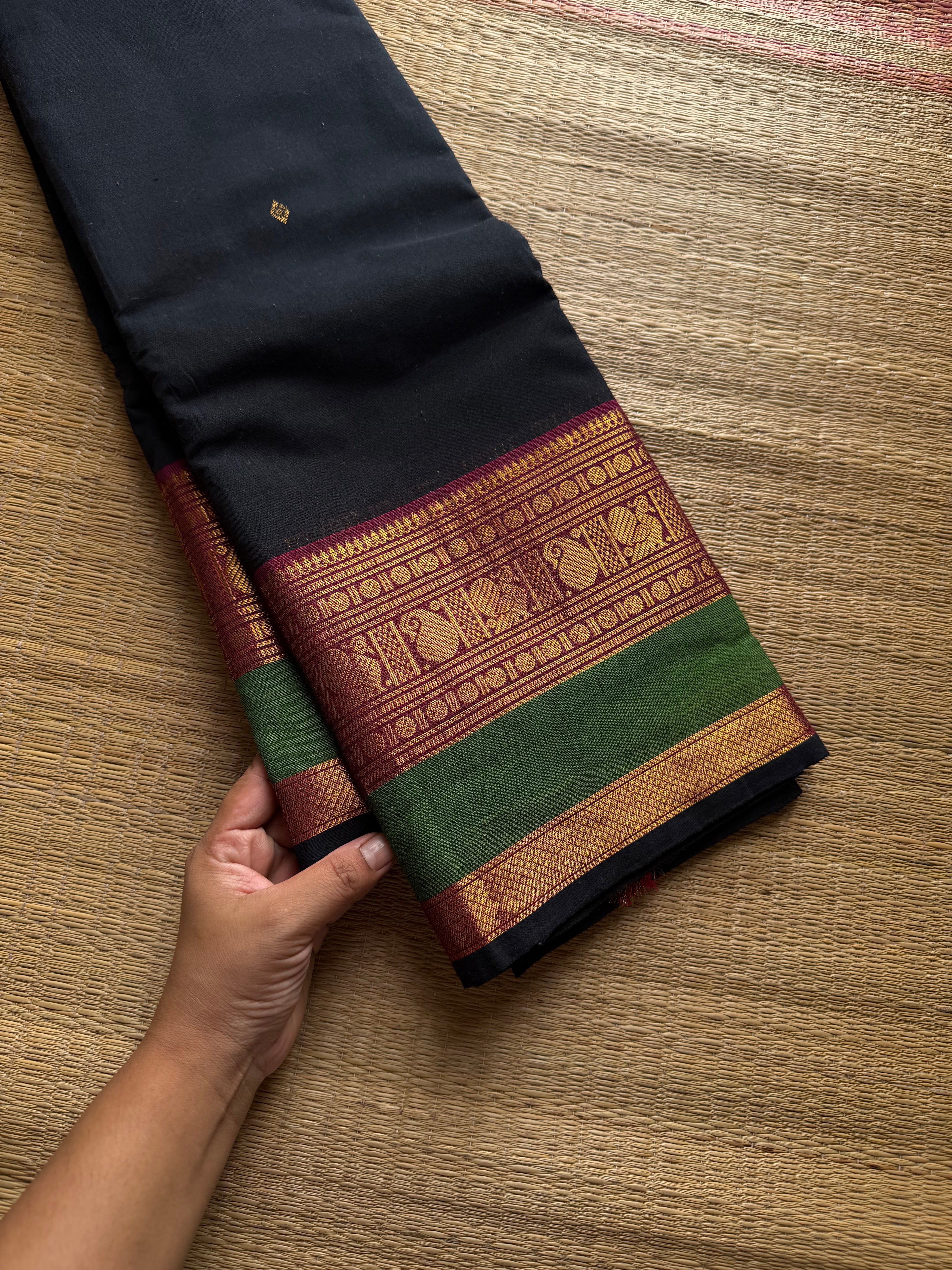 RF1254 Premium Rich Pallu Kanchi Cotton Saree ~Black shade with pink and green combination Annam & mango  pattern Zari woven border