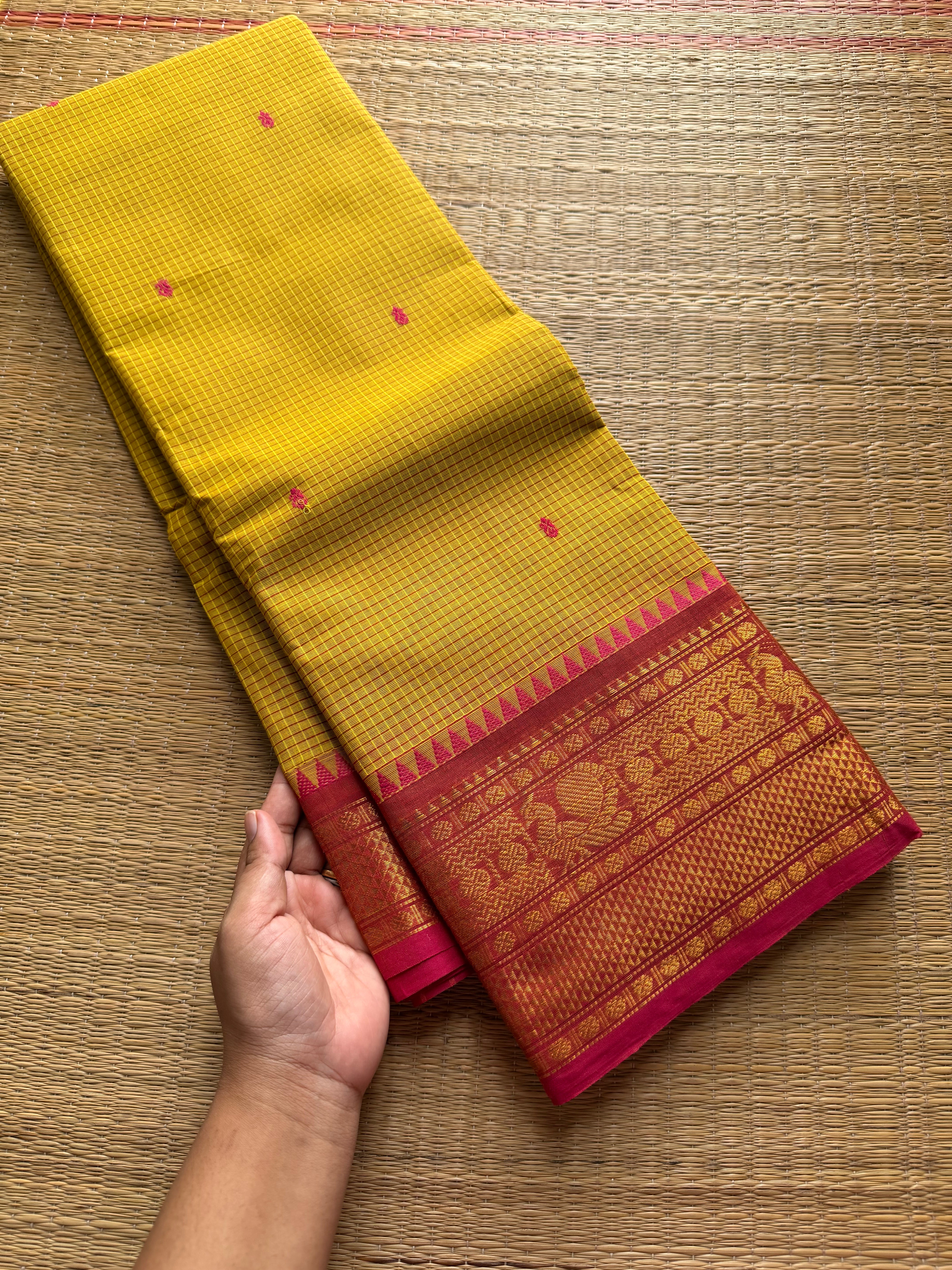 RF563 Mustard yellow with contrast pinkish peach combo podikattam / small checks pattern Kanchi cotton saree with handmade thread buttas