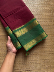 RF1159 Reddish maroon with green ~ Gap border Kanchi cotton saree