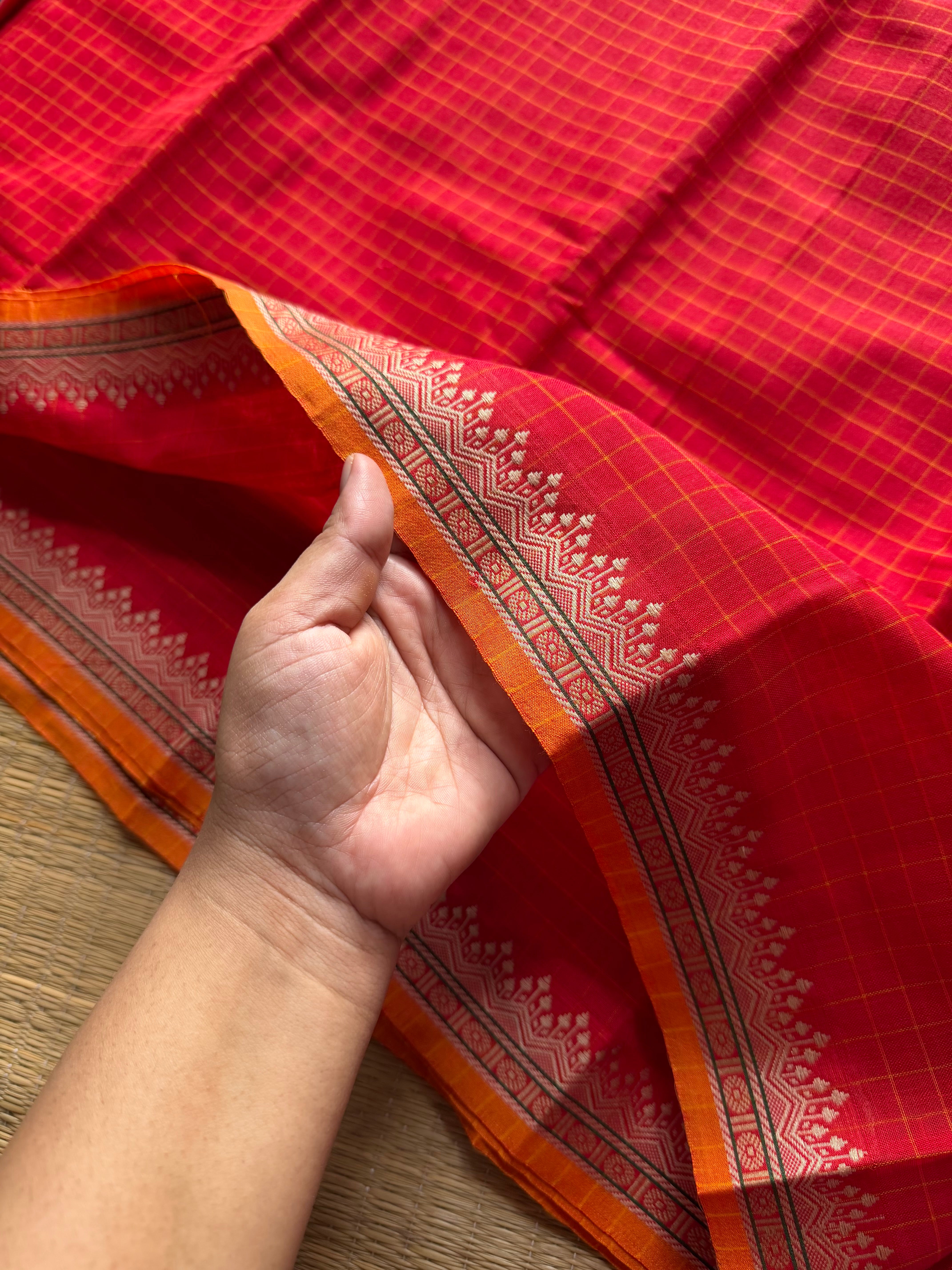 RF523 Red shade Mercerised Narayanpet cotton saree with contrast small border and checks / kattam pattern
