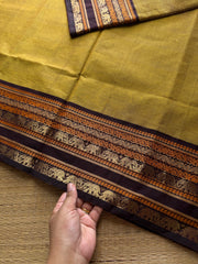 Light dual tone green shade with brown combination Kanchi cotton saree with unique Varisaipet border