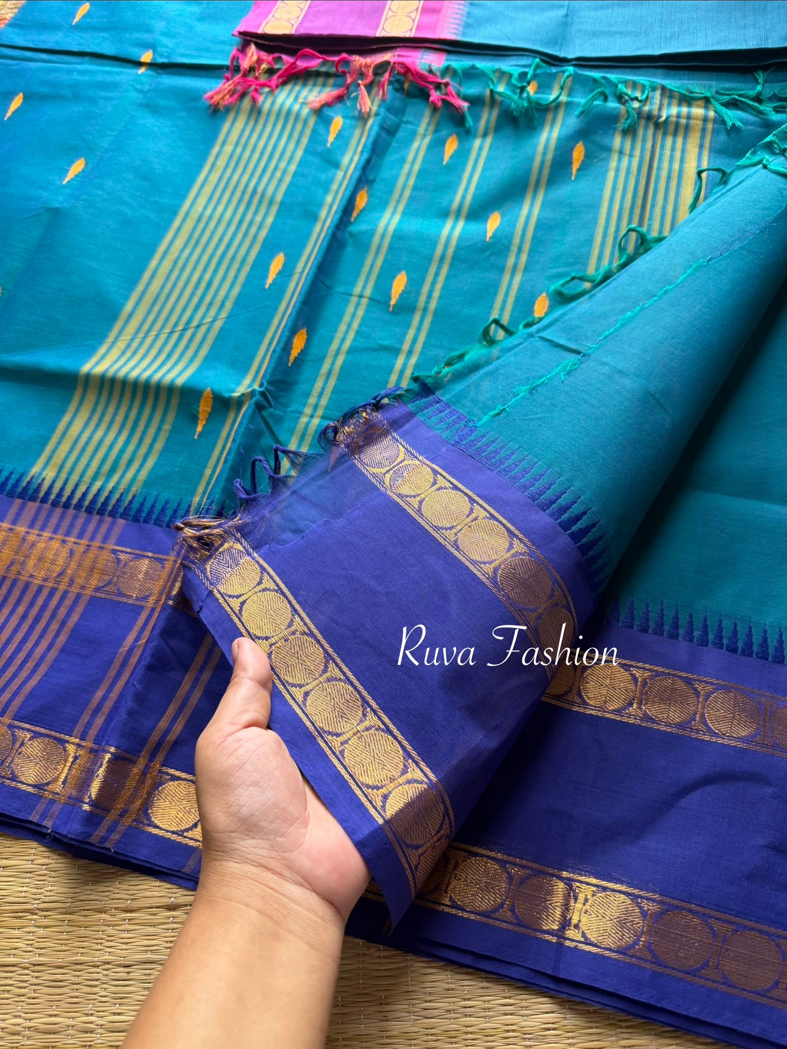 Peacock Blue Shade Kanchi Cotton Saree With Ganga Jamuna Border & Handmade thread buttas