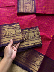 RF736 Kattam edition ~ Magenta pink shade Kanchi cotton saree with checks pattern & handmade thread buttas