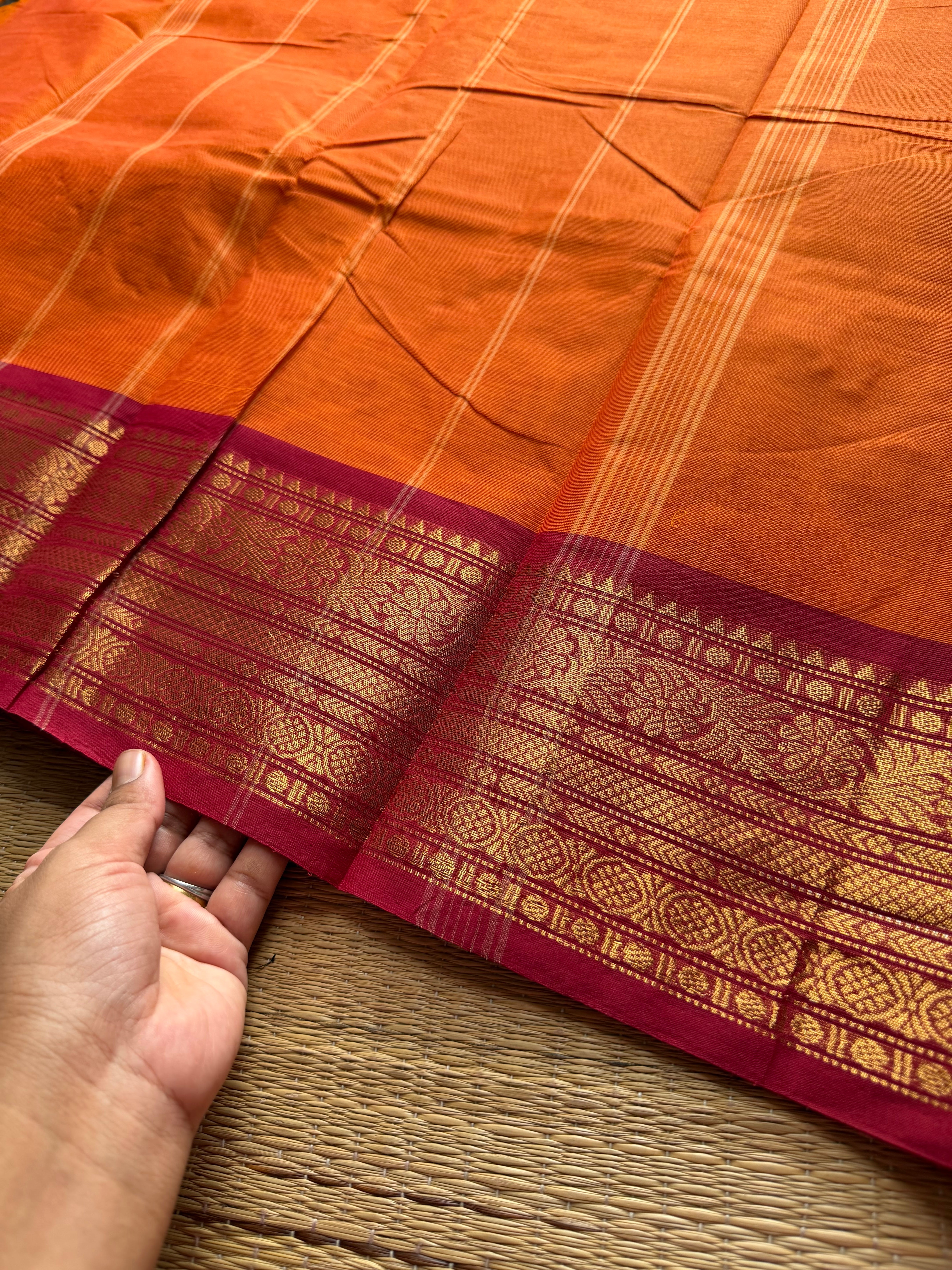 RF600 Orange with maroon combination Kanchi cotton saree
