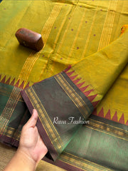 RF75 Dual tone green shade  vintage border Kanchi cotton saree with hand made thread buttas
