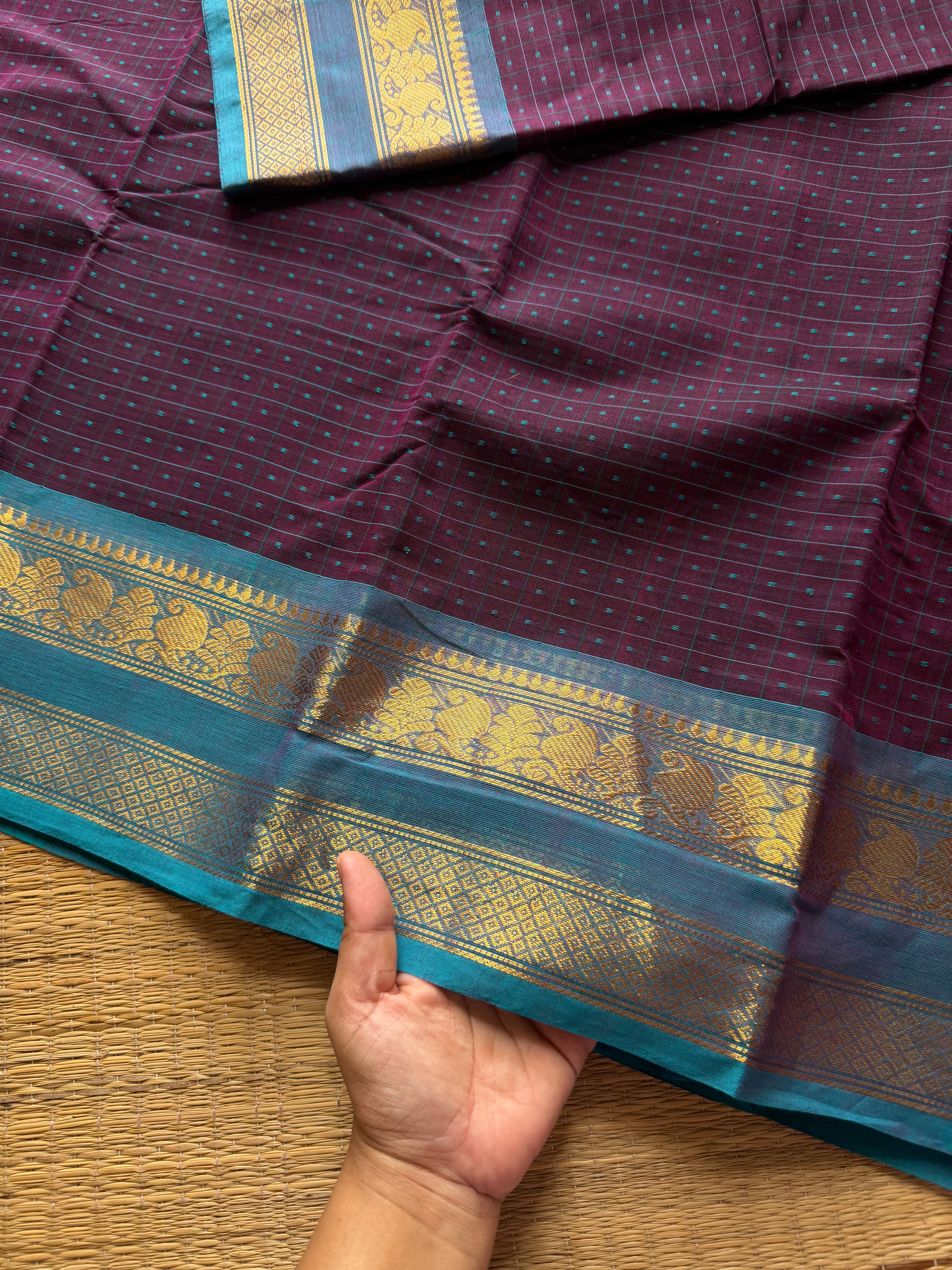 RF516 Purple with sky blue combination Lakshadeepam / 1000 Buttas checks / Kattam pattern Kanchi cotton saree