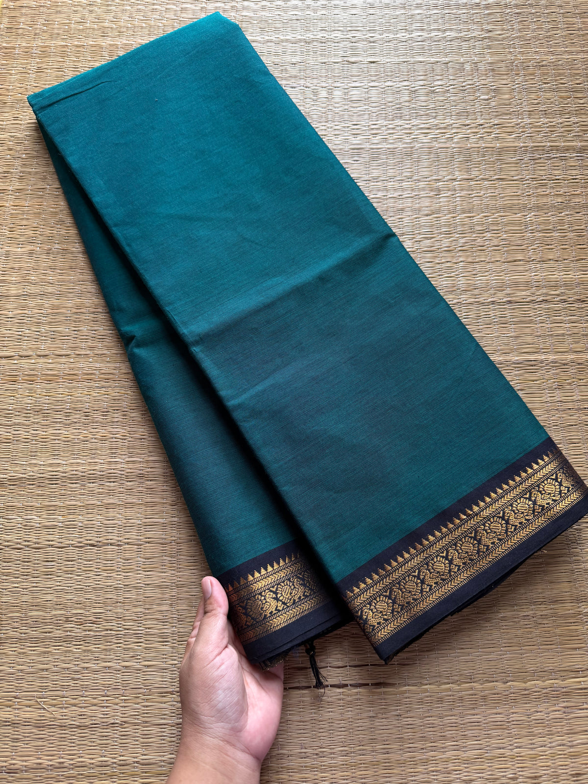 RF390 Dark teal blue with black combination small border Kanchi cotton saree