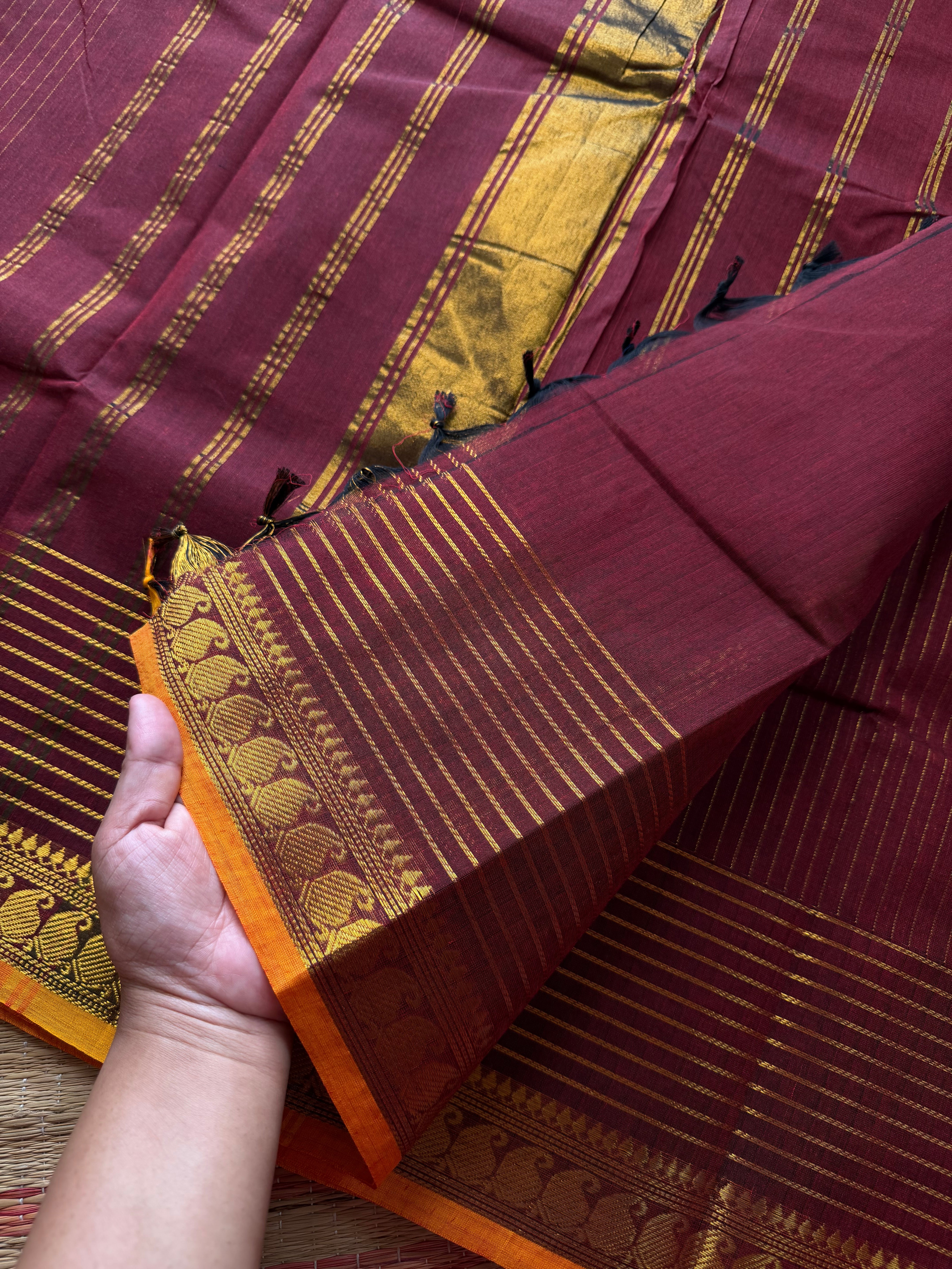 RF492 Maroon shade fully Vaira Oosi pattern Kanchi cotton saree with contrast small orange mango pattern border