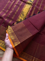 RF492 Maroon shade fully Vaira Oosi pattern Kanchi cotton saree with contrast small orange mango pattern border